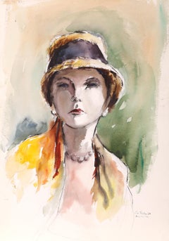 Frau in Gelb, impressionistisches Aquarell von Eve Nethercott