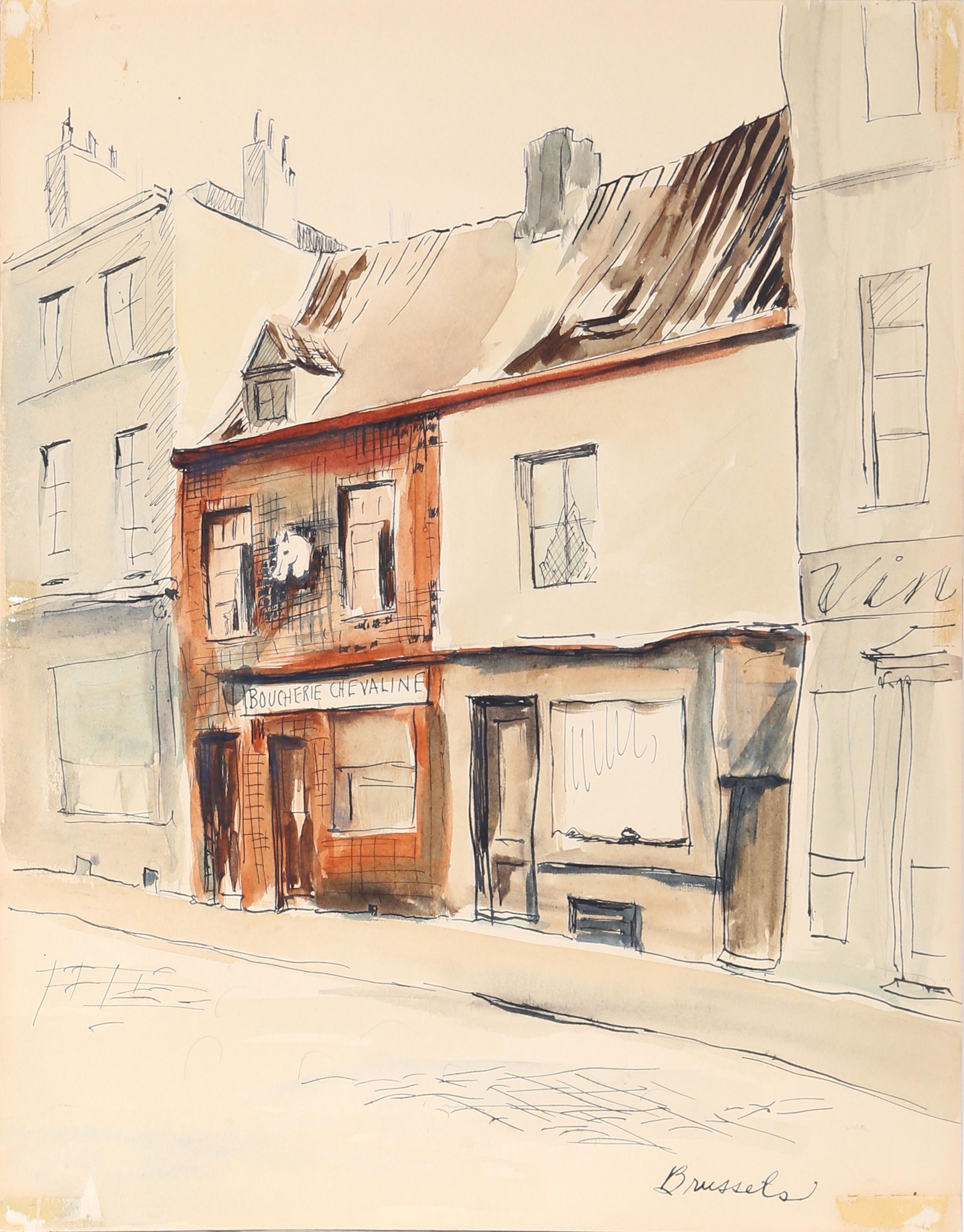  Eve Nethercott, estadounidense (1925 - 2015) -  Bruselas (P5,28), Año:  hacia 1950, Medio:  Tinta y acuarela sobre papel, Tamaño:  14  x 11 pulg. (35,56  x 27,94 cm), Descripción:  Vista desde el otro lado de la calle adoquinada, la carnicería