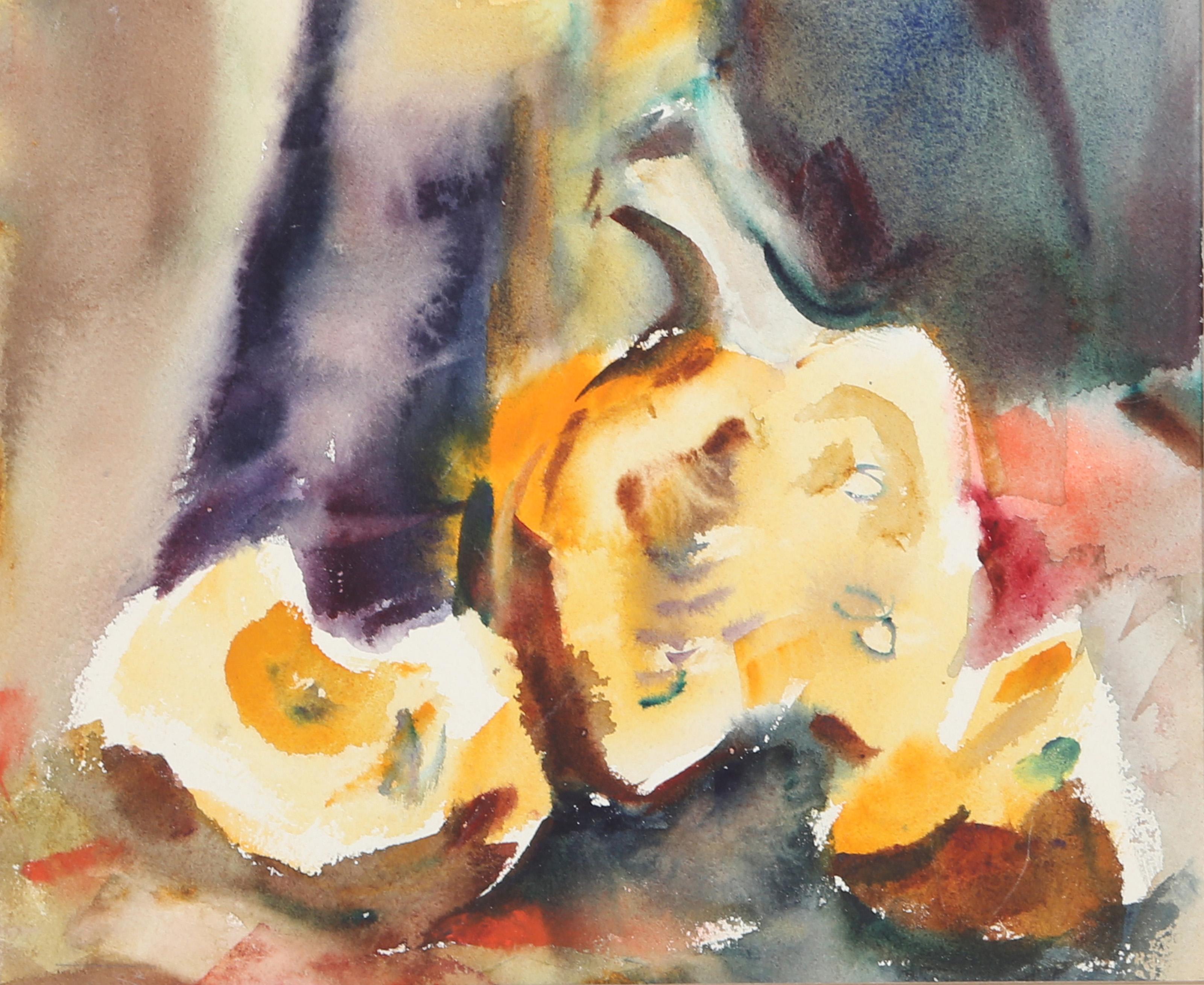  Eve Nethercott, estadounidense (1925 - 2015) -  Bodegón de calabaza (P5.18), Año:  1960, Medio:  Acuarela sobre papel, Tamaño:  8  x 10 pulg. (20,32  x 25,4 cm), Descripción:  Colocados unos junto a otros, los trozos de calabaza amarilla parecen