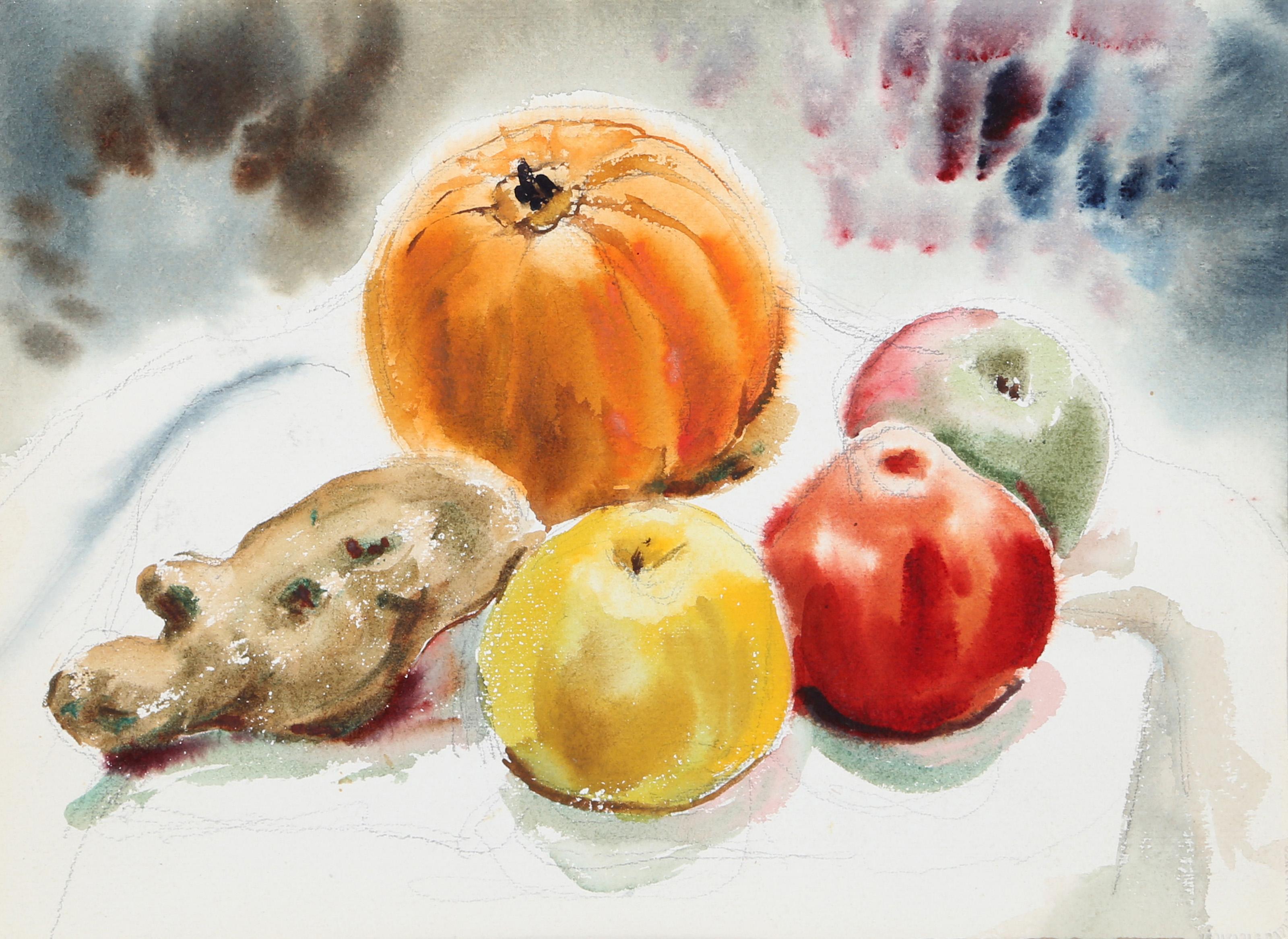  Eve Nethercott, estadounidense (1925 - 2015) -  Bodegón de frutas (P5.19), Año:  1960, Medio:  Acuarela sobre papel, Tamaño:  10.5  x 14 in. (26.67  x 35,56 cm), Descripción:  Dispuestas alrededor de la calabaza redonda de color naranja, las