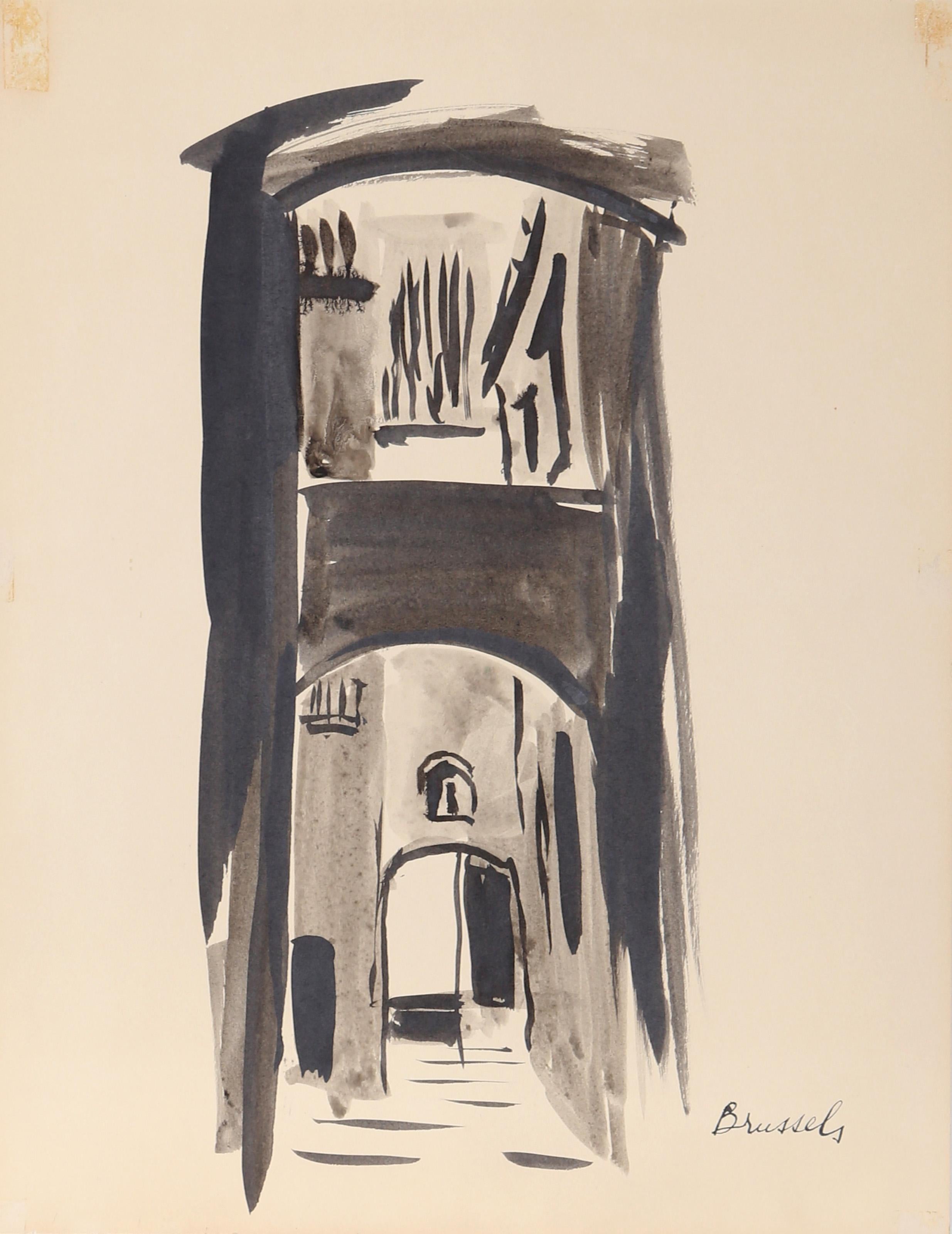  Eve Nethercott, Amerikanerin (1925 - 2015) -  Brüssel (P5.30), Jahr:  um 1950, Medium:  Tinte und Aquarell auf Papier, Größe:  14  x 11 in. (35.56  x 27,94 cm), Beschreibung:  Diese einzigartige vertikale Darstellung einer engen Gasse irgendwo in