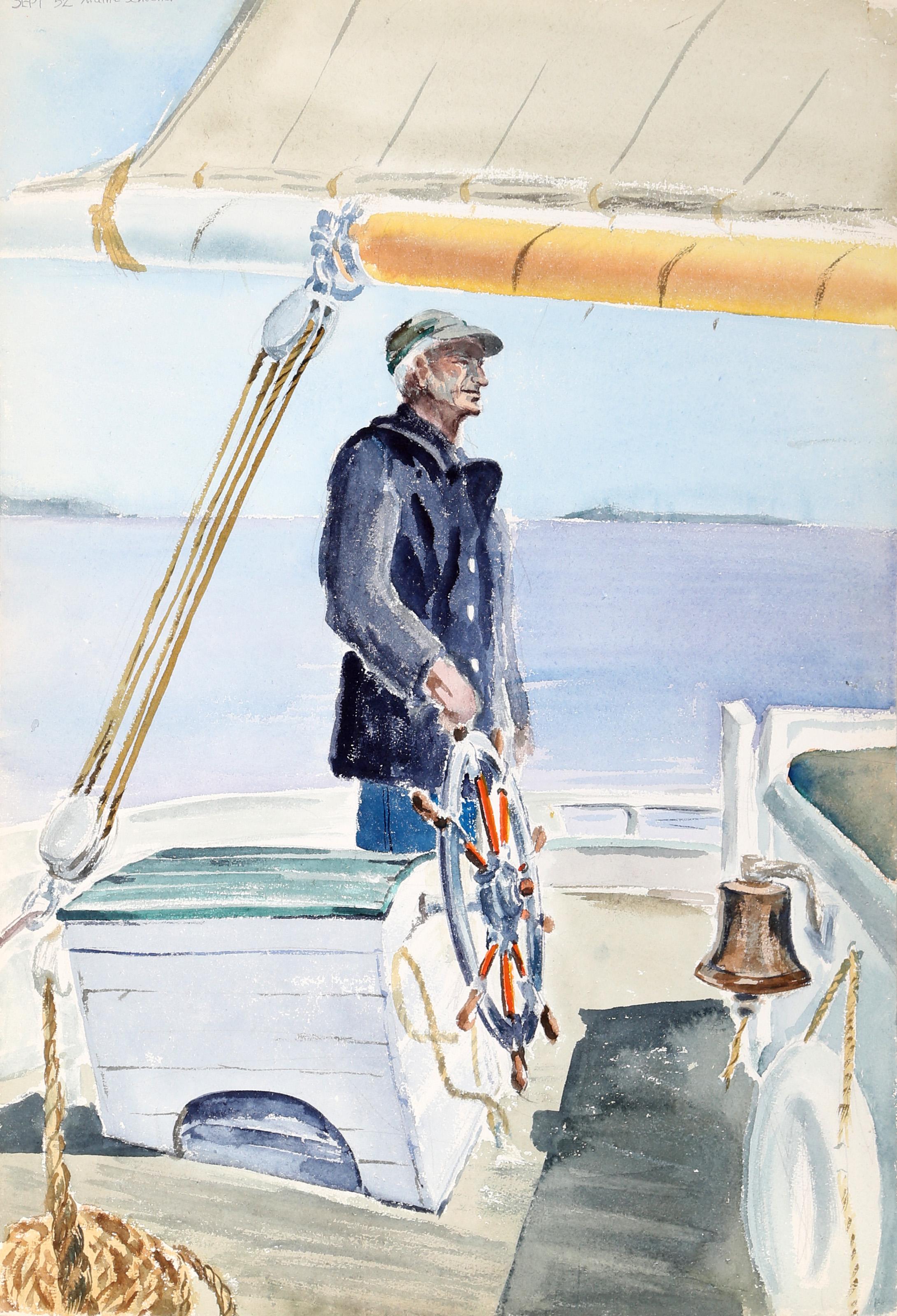  Eve Nethercott, estadounidense (1925 - 2015) -  Goleta de Maine (P5.21), Año:  1952, Medio:  Acuarela sobre papel, Tamaño:  22  x 15 pulg. (55,88  x 38,1 cm), Descripción:  Con un abrigo azul de doble botonadura y una gorra verde sobre su pelo