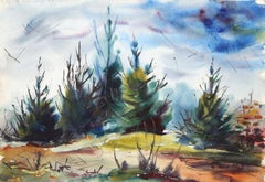 Kiefernholz, impressionistisches Aquarell von Eve Nethercott