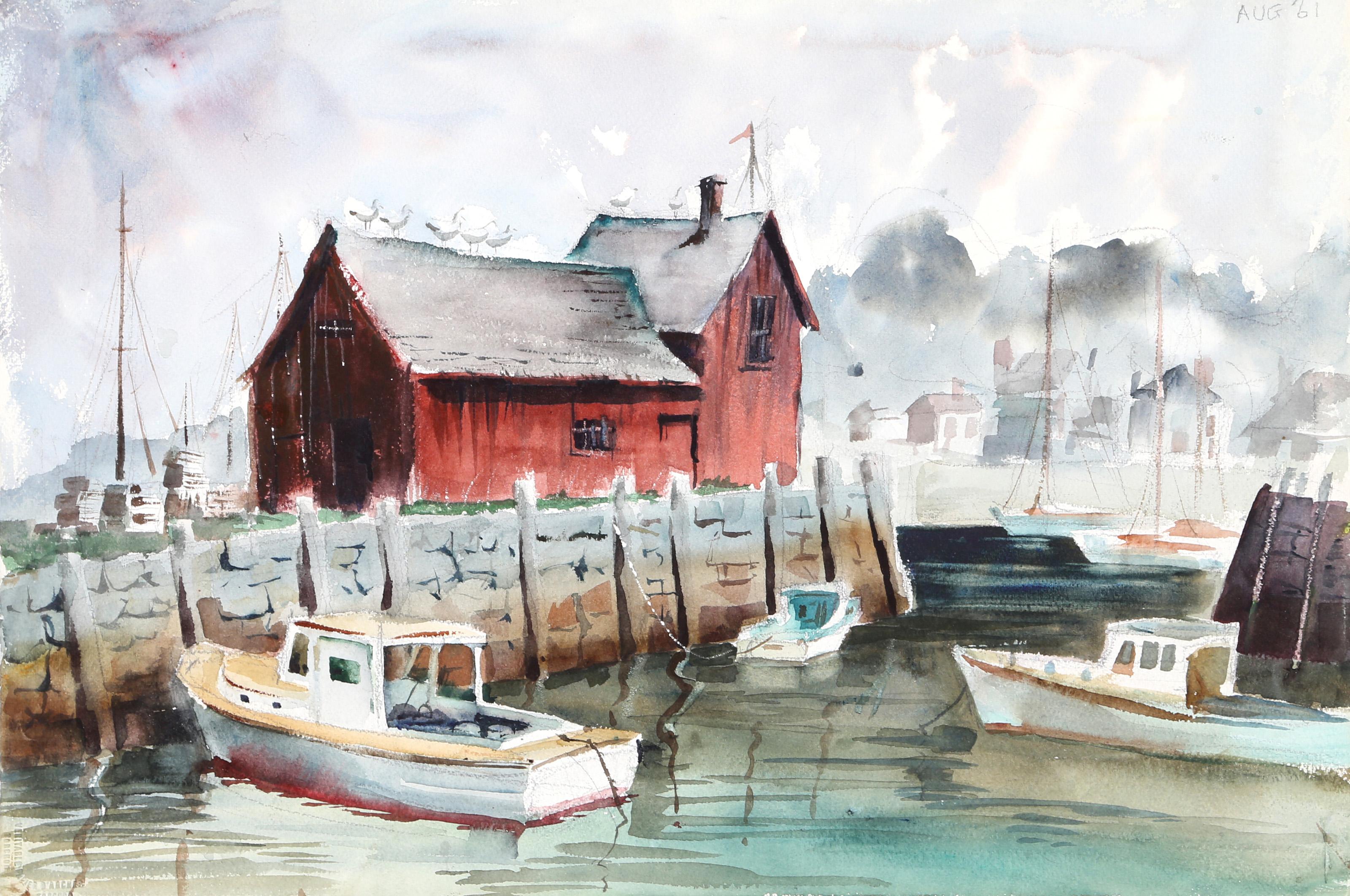  Eve Nethercott, Amerikanerin (1925 - 2015) -  Rockport (P5.34), Jahr:  1961, Medium:  Aquarell auf Papier, Größe:  15  x 22 in. (38.1  x 55,88 cm), Beschreibung:  Die Boote, die in dieser Hafenszene von Rockport, Maine, am Ufer vertäut sind, kann