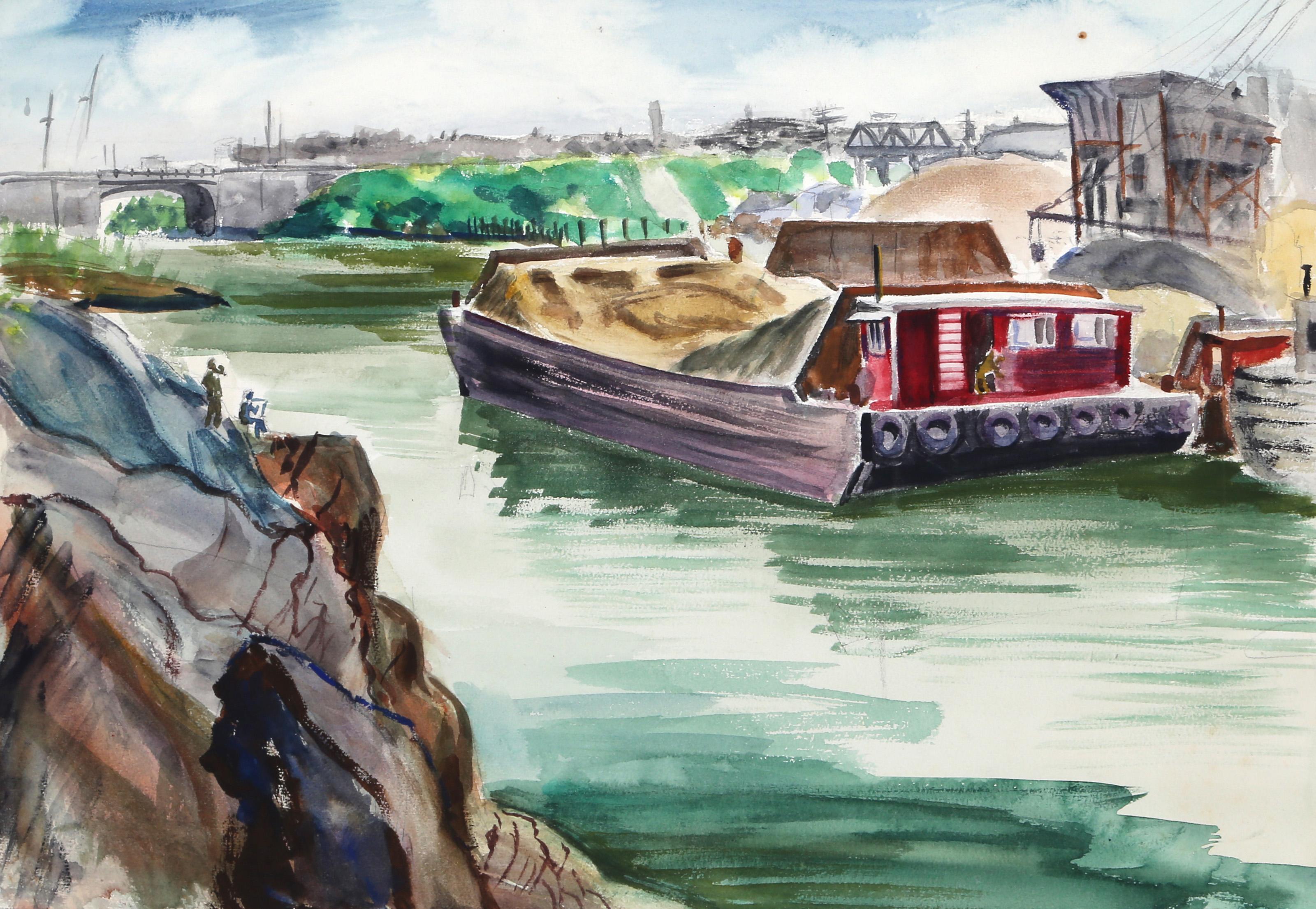  Eve Nethercott, estadounidense (1925 - 2015) -  Barile Boathouse(P5.35), Año:  1949, Medio:  Acuarela sobre papel, Tamaño:  14  x 20 in. (35.56  x 50,8 cm), Descripción:  Mirando hacia el canal, varias figuras se han encaramado a las rocas para