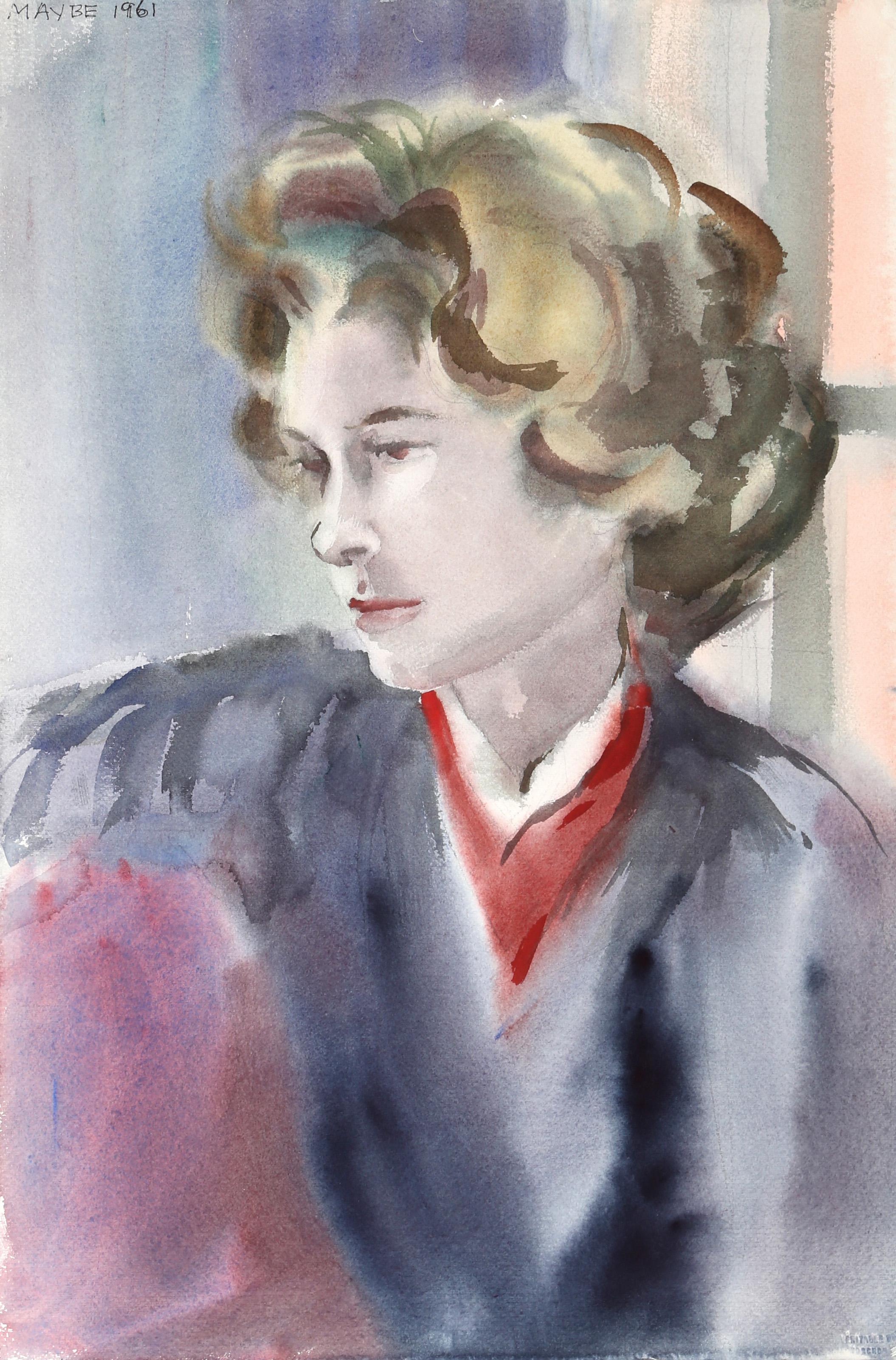  Eve Nethercott, Americana (1925 - 2015) -  Ritratto di donna (P5.24), Anno:  1961, Media:  Acquerello su carta, Dimensioni:  22  x 15 pollici (55,88  x 38,1 cm), Descrizione:  Seduta con il braccio sullo schienale di un divano, la donna con i