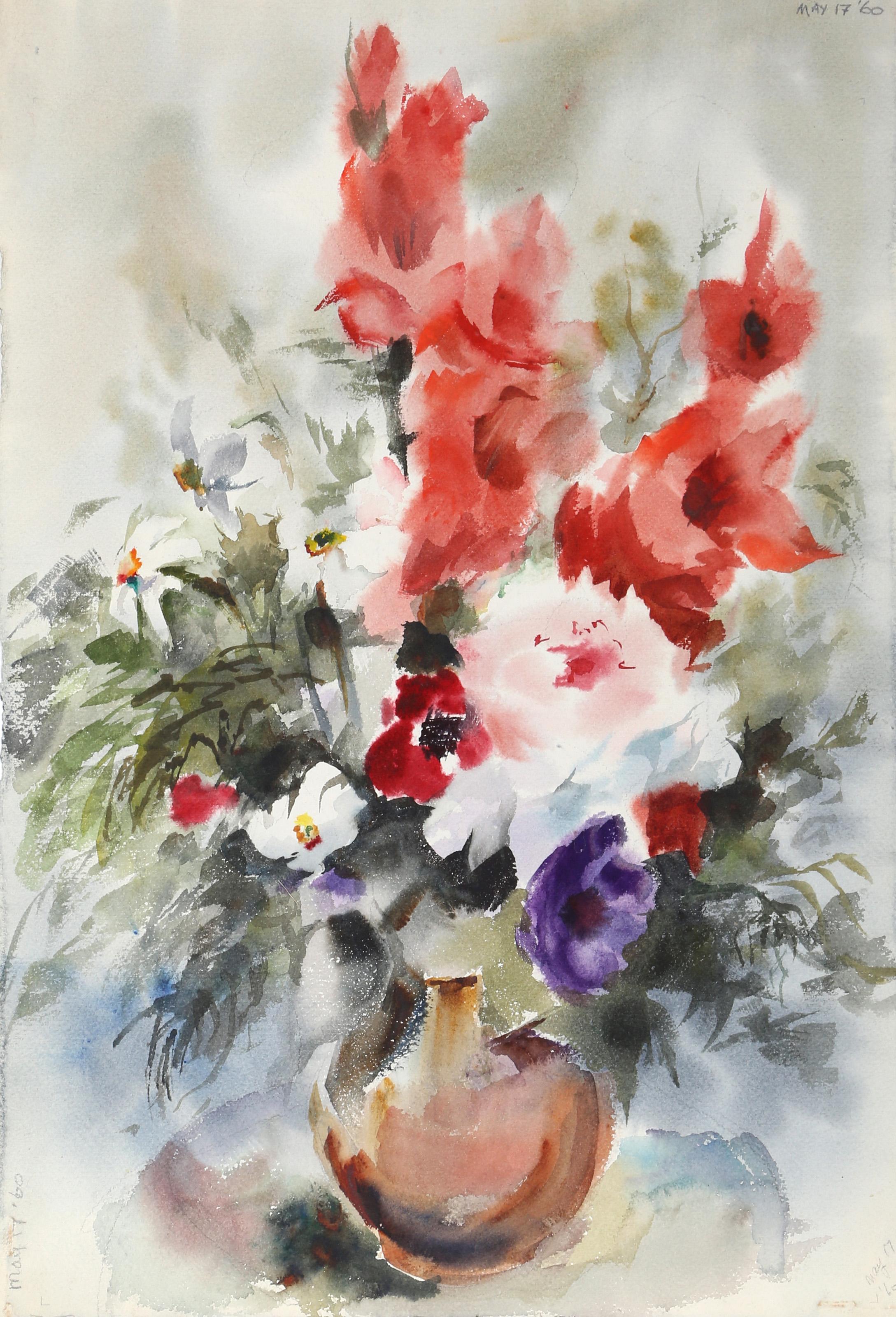  Eve Nethercott, Amerikanerin (1925 - 2015) -  Blumen (P5.55), Jahr:  1960, Medium:  Aquarell auf Papier, Größe:  22  x 15 in. (55.88  x 38,1 cm), Beschreibung:  Das blühende Arrangement, das sich über den Rand der Kupfervase ergießt, ist im