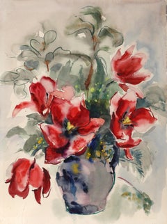 Rote Blumen, impressionistisches Aquarell von Eve Nethercott