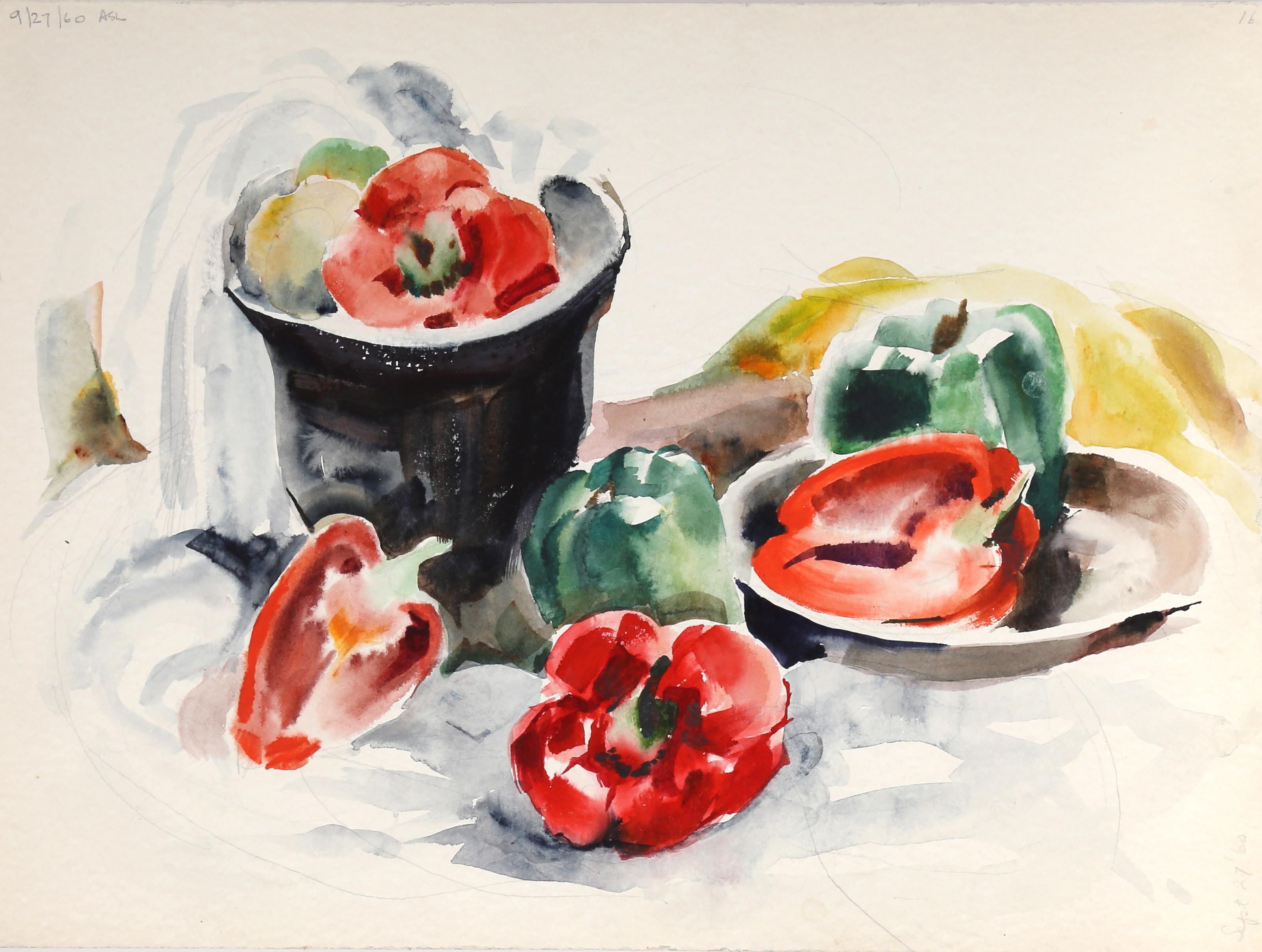  Eve Nethercott, estadounidense (1925 - 2015) -  Naturaleza muerta (P5.56), Año:  1960, Medio:  Acuarela sobre papel, Tamaño:  15  x 20 pulg. (38,1  x 50,8 cm), Descripción:  El bodegón de Eve Nethercott con pimientos rojos y verdes está bañado por