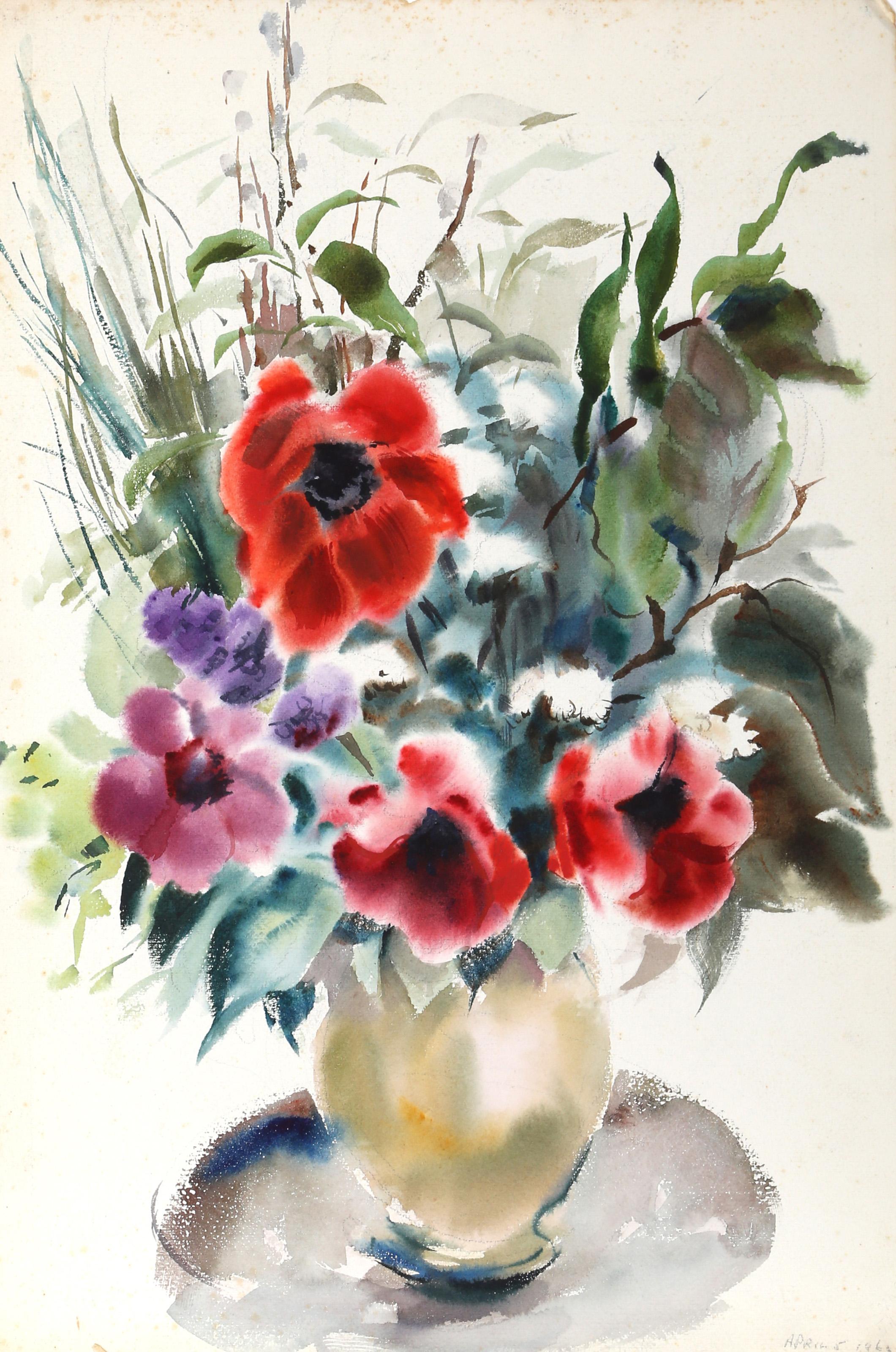  Eve Nethercott, Amerikanerin (1925 - 2015) -  Rote Blumen (P5.38), Jahr:  1960, Medium:  Aquarell auf Papier, Größe:  22  x 15 in. (55.88  x 38,1 cm), Beschreibung:  In einer kleinen gelben Vase entfaltet sich das vielfarbige Blumenarrangement in