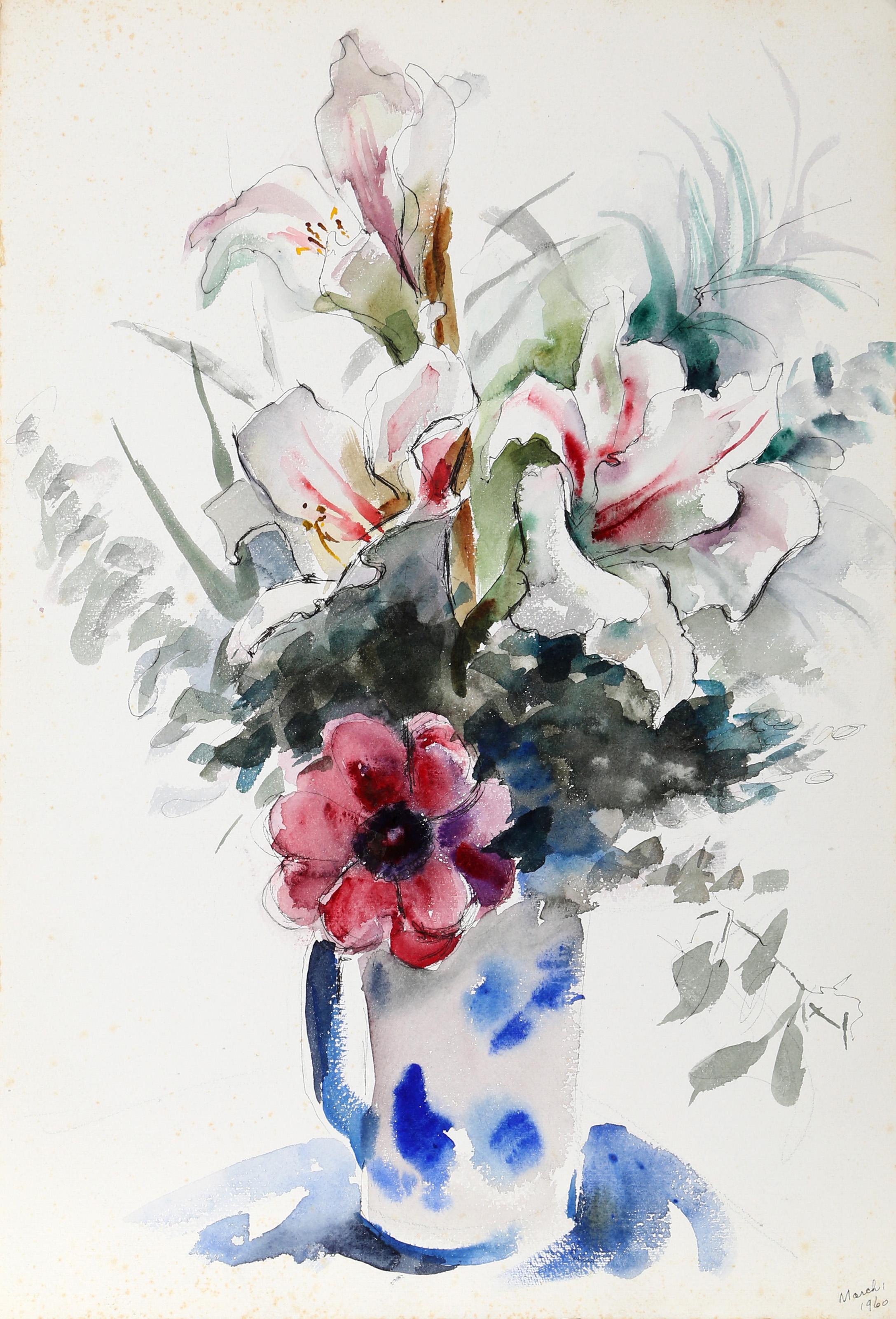  Eve Nethercott, estadounidense (1925 - 2015) -  Flores (P5.39), Año:  1960, Medio:  Acuarela sobre papel, Tamaño:  22  x 15 pulg. (55,88  x 38,1 cm), Descripción:  Proyectando una sombra sobre la superficie de la mesa, el floreciente arreglo floral