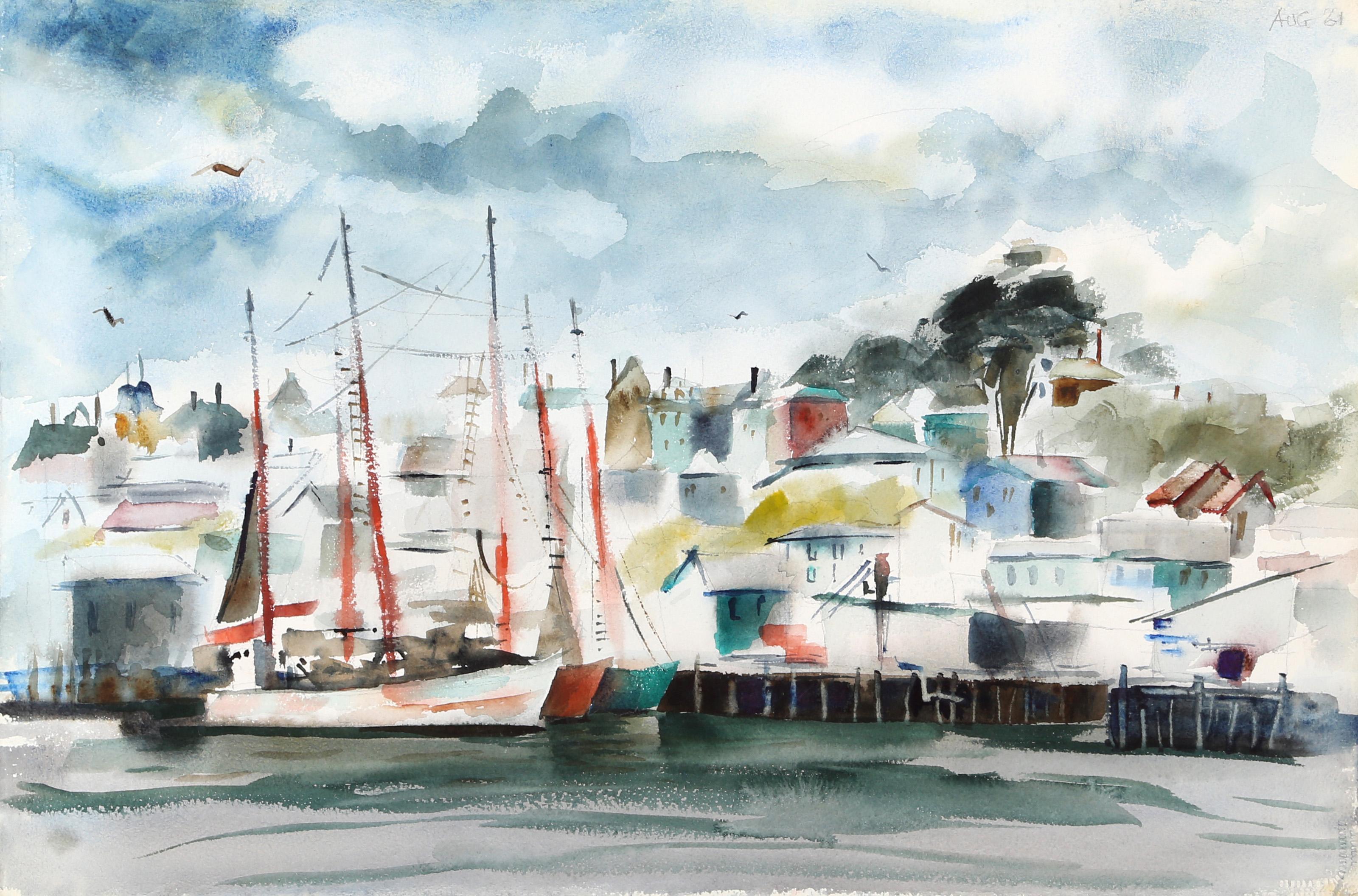  Eve Nethercott, Americana (1925 - 2015) -  Gloucester (P5.44), Anno:  1961, Media:  Acquerello su carta, Dimensioni:  15  x 22.5 in. (38.1  x 57,15 cm), Descrizione:  Ormeggiate lungo il molo, le barche a vela hanno gettato l'ancora nello storico