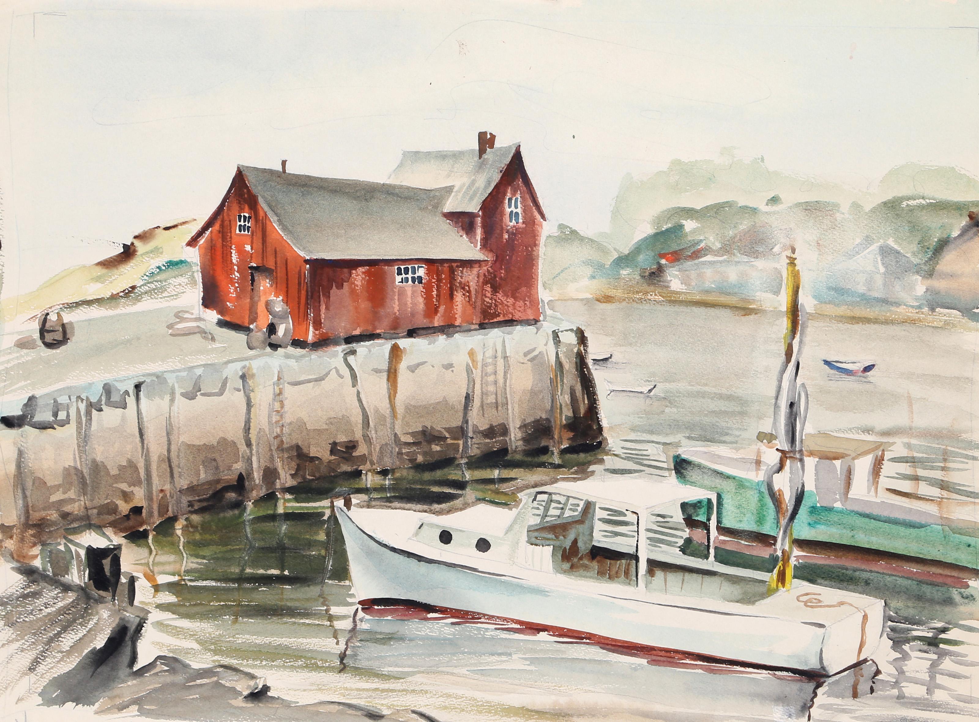  Eve Nethercott, estadounidense (1925 - 2015) -  Rockport (P5,52), Año:  1948, Medio:  Acuarela sobre papel, Tamaño:  15.5  x 21 in. (39.37  x 53,34 cm), Descripción:  Amarrados a lo largo del agua, cerca del malecón, los barcos de esta escena