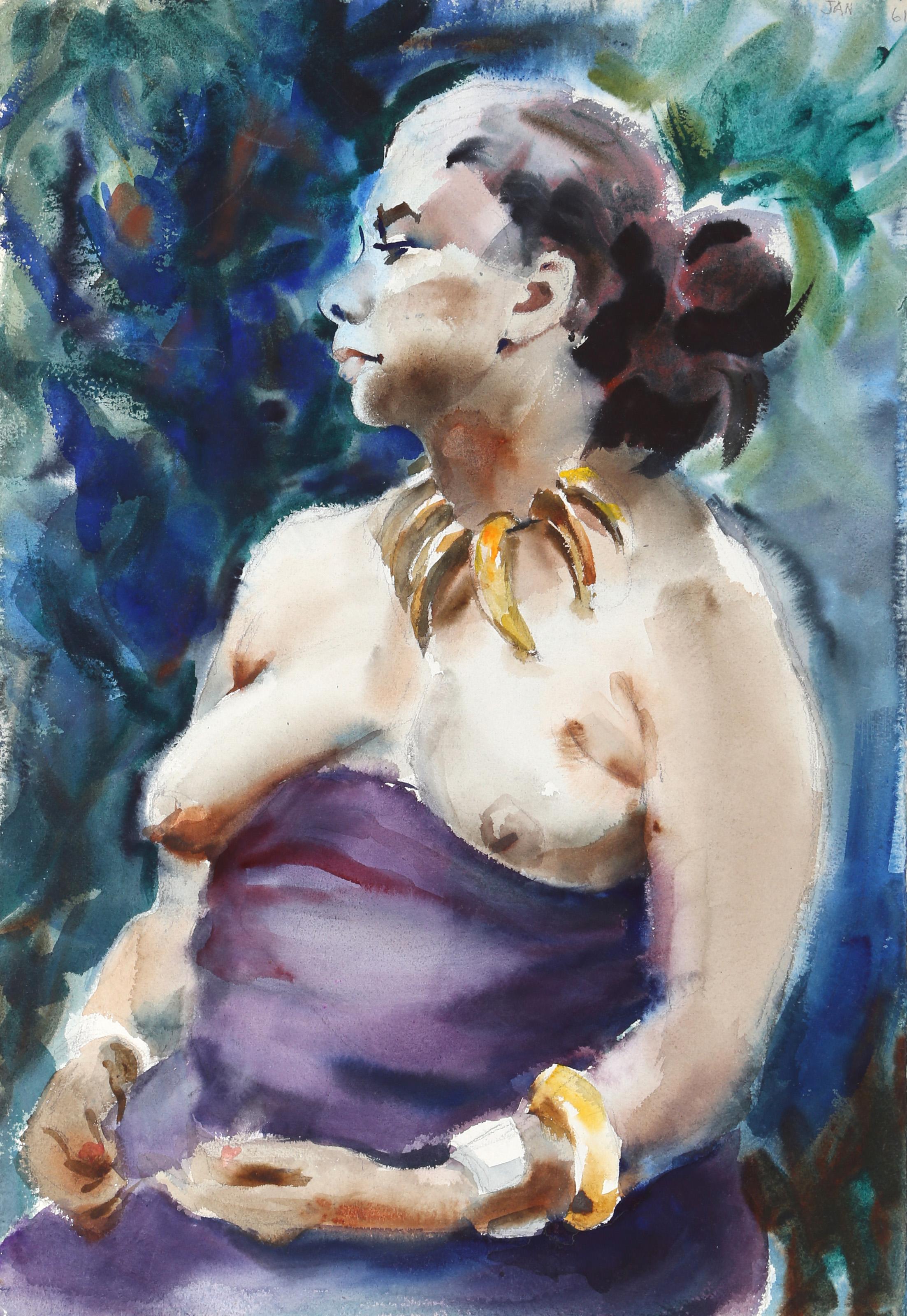  Eve Nethercott, Amerikanerin (1925 - 2015) -  Sitzender Akt (P5.45), Jahr:  1961, Medium:  Aquarell auf Papier, Größe:  22  x 15 in. (55.88  x 38,1 cm), Beschreibung:  Eve Nethercotts Darstellung einer barbusigen Frau, die zur Seite blickt, ist ein