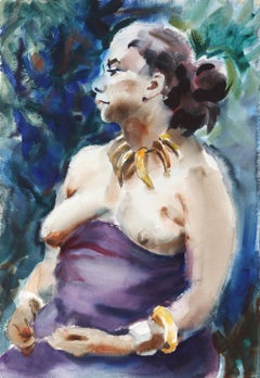 Sitzender Akt, impressionistisches Aquarell von Eve Nethercott