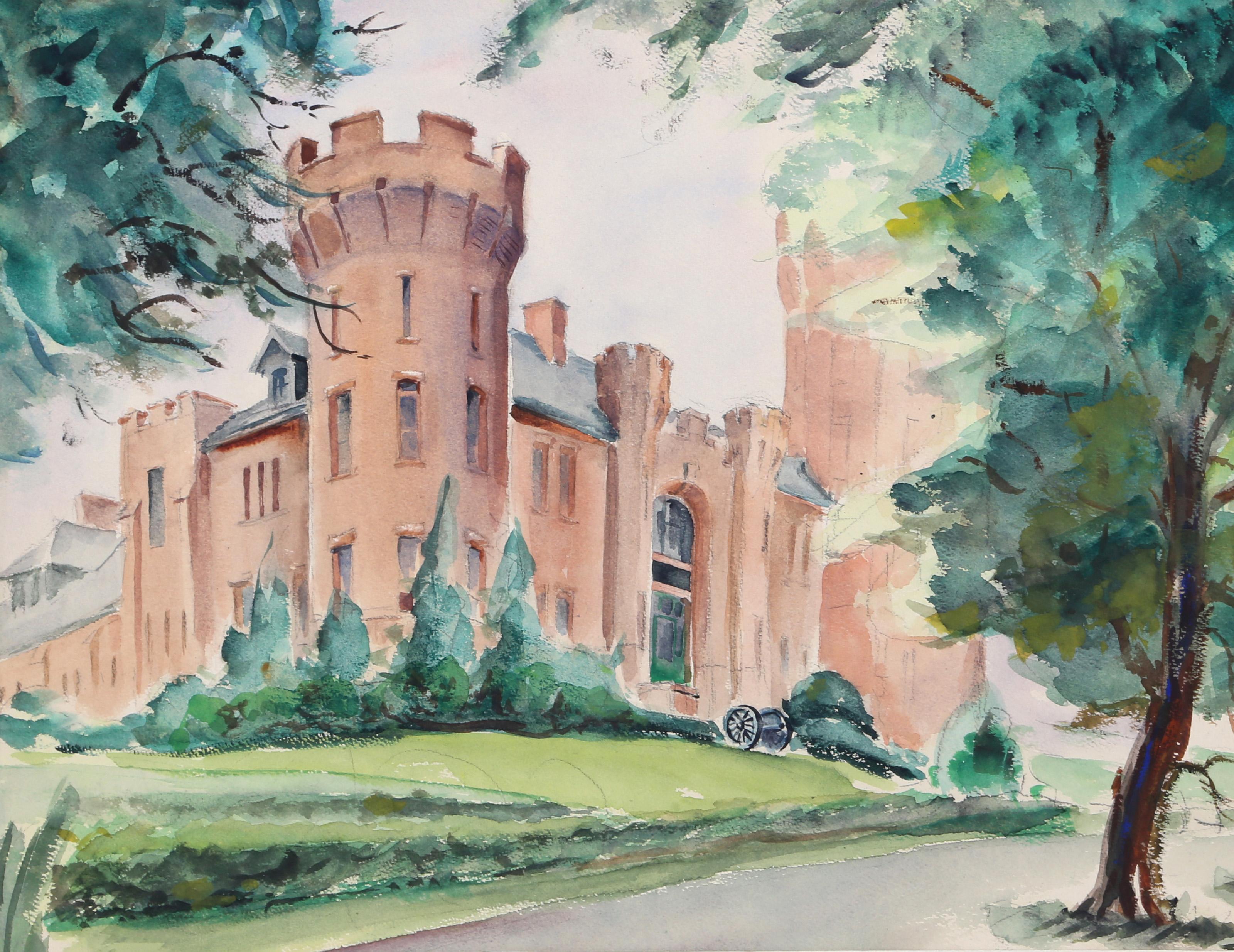  Eve Nethercott, Amerikanerin (1925 - 2015) -  Flushing Armory (P6.6), Jahr:  1949, Medium:  Aquarell auf Papier, Größe:  15  x 19.5 in. (38.1  x 49,53 cm), Beschreibung:  Eve Nethercotts Landschaft blickt durch mehrere belaubte Bäume auf die