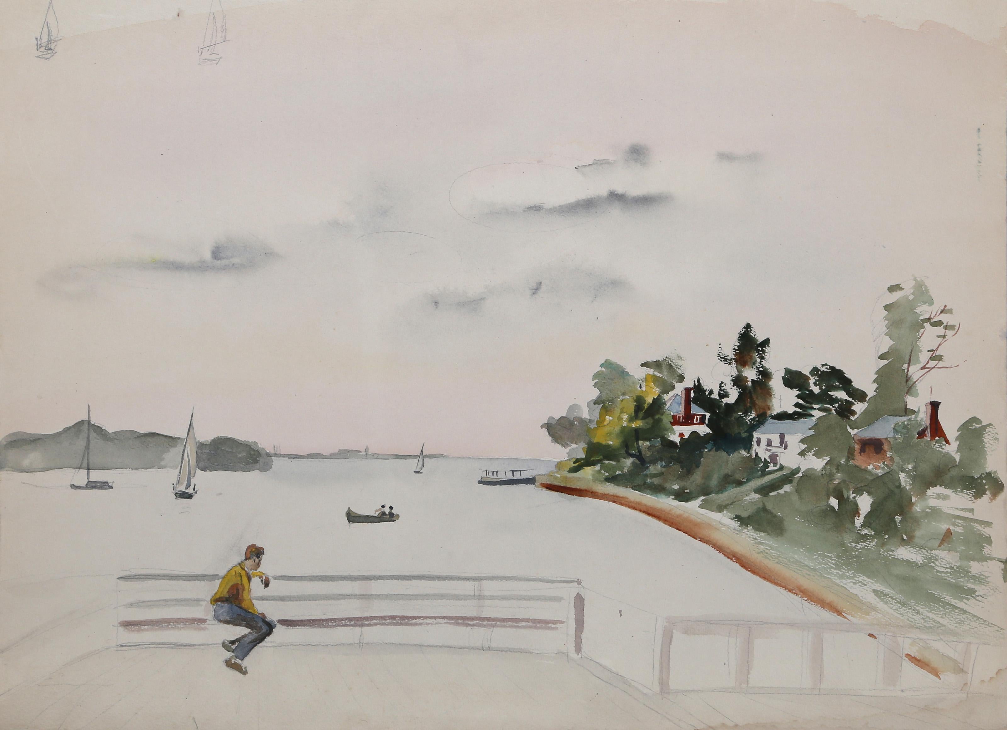  Eve Nethercott, Amerikanerin (1925 - 2015) -  Spätsommer (P6.10), Jahr:  1953, Medium:  Aquarell auf Papier, Größe:  18  x 24 in. (45.72  x 60,96 cm), Beschreibung:  Eve Nethercotts Aquarelllandschaft mit Blick auf den Sund wirkt beruhigend und