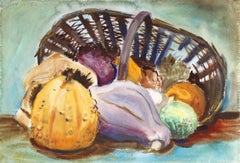 Nature morte avec courge et panier, aquarelle impressionniste d'Eve Nethercott