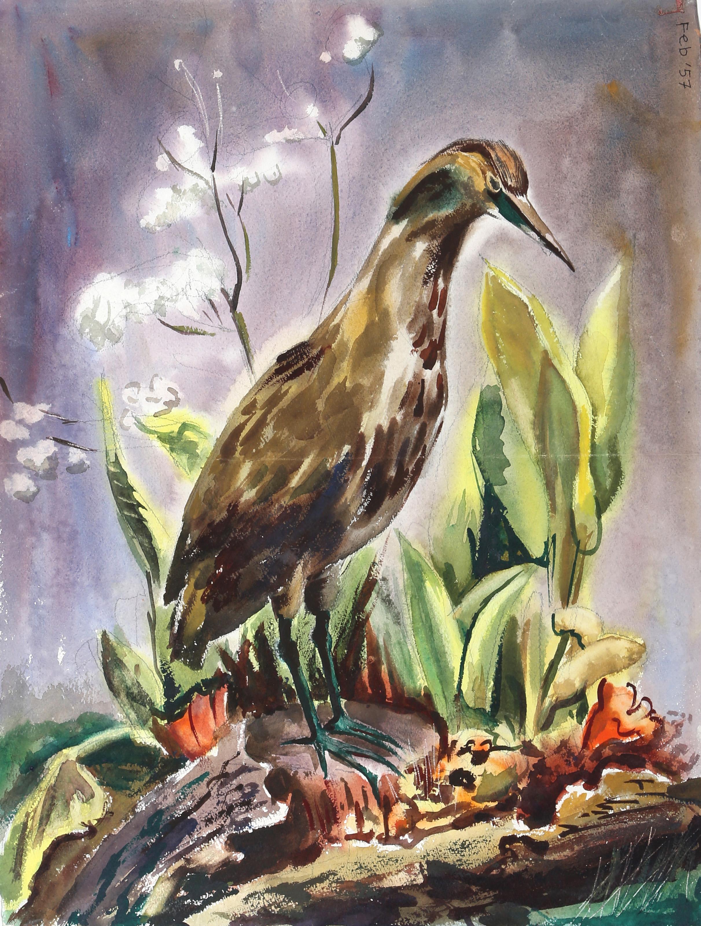  Eve Nethercott, Amerikanerin (1925 - 2015) -  Vogel (P6.17), Jahr:  1957, Medium:  Aquarell auf Papier, Größe:  25  x 19 in. (63.5  x 48,26 cm), Beschreibung:  Auf diesem Aquarell von Eve Nethercott sitzt ein kleiner brauner Vogel mit spitzem