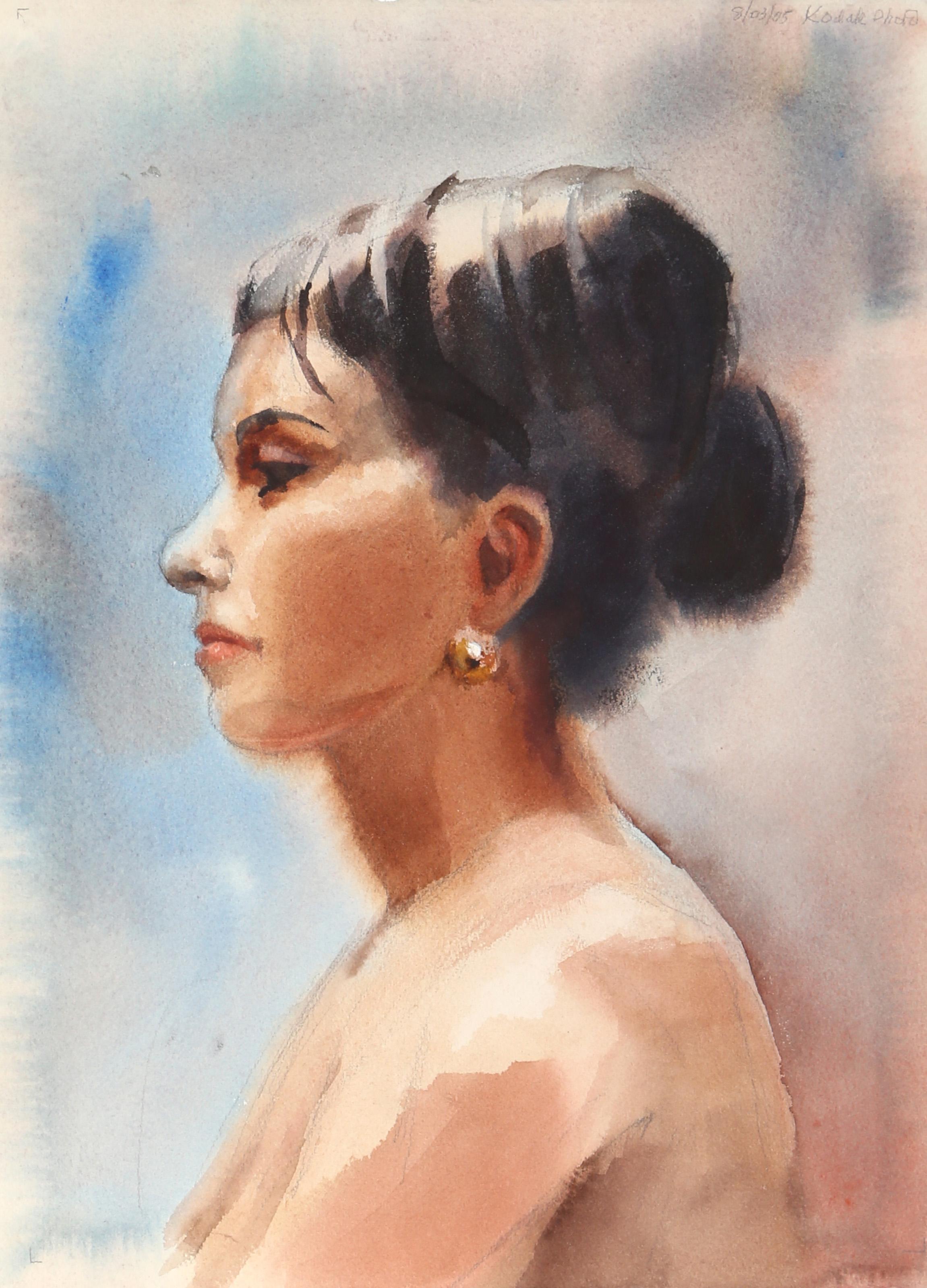  Eve Nethercott, Amerikanerin (1925 - 2015) -  Damenprofil (P5.74), Jahr:  1960, Medium:  Aquarell auf Papier, Größe:  15  x 11 in. (38.1  x 27,94 cm), Beschreibung:  Auf der linken Seite zeigt Eve Nethercott eine brünette Frau mit hohen