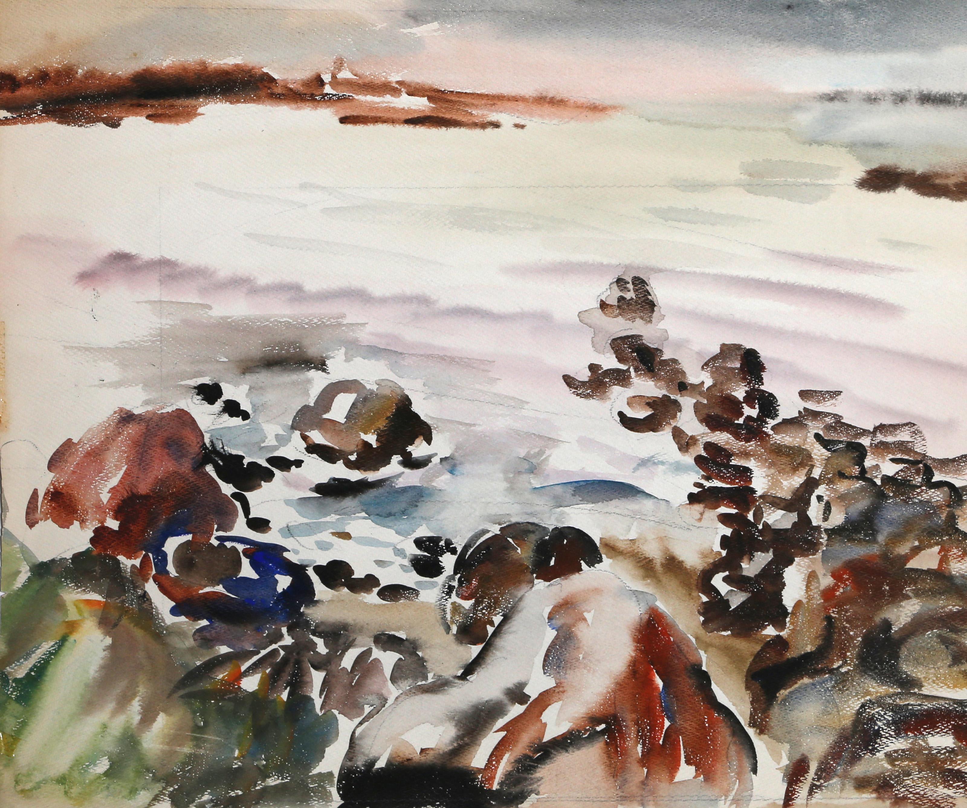  Eve Nethercott, estadounidense (1925 - 2015) -  Rockport (P6.4), Año:  1948, Medio:  Acuarela sobre papel, Tamaño:  18  x 23 in. (45.72  x 58,42 cm), Descripción:  La vista de Eve Nethercott de la costa y el océano cerca de Rockport, Maine, es