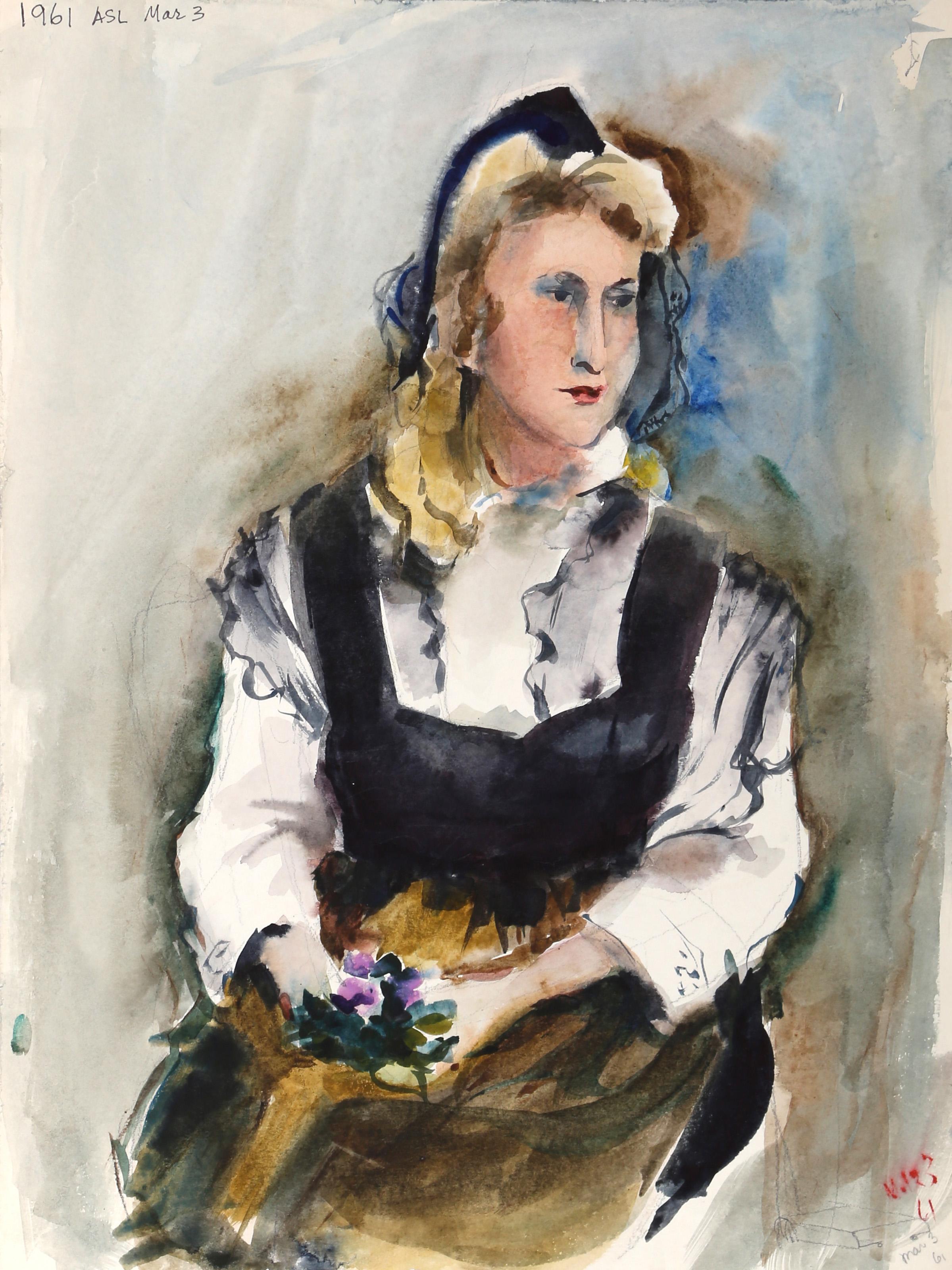  Eve Nethercott, Amerikanerin (1925 - 2015) -  Sitzende Frau (P6.32), Jahr:  1961, Medium:  Aquarell auf Papier, Größe:  19.5  x 15 in. (49.53  x 38,1 cm), Beschreibung:  Die blonde Frau in diesem Aquarell von Eve Nethercott trägt eine schwarze
