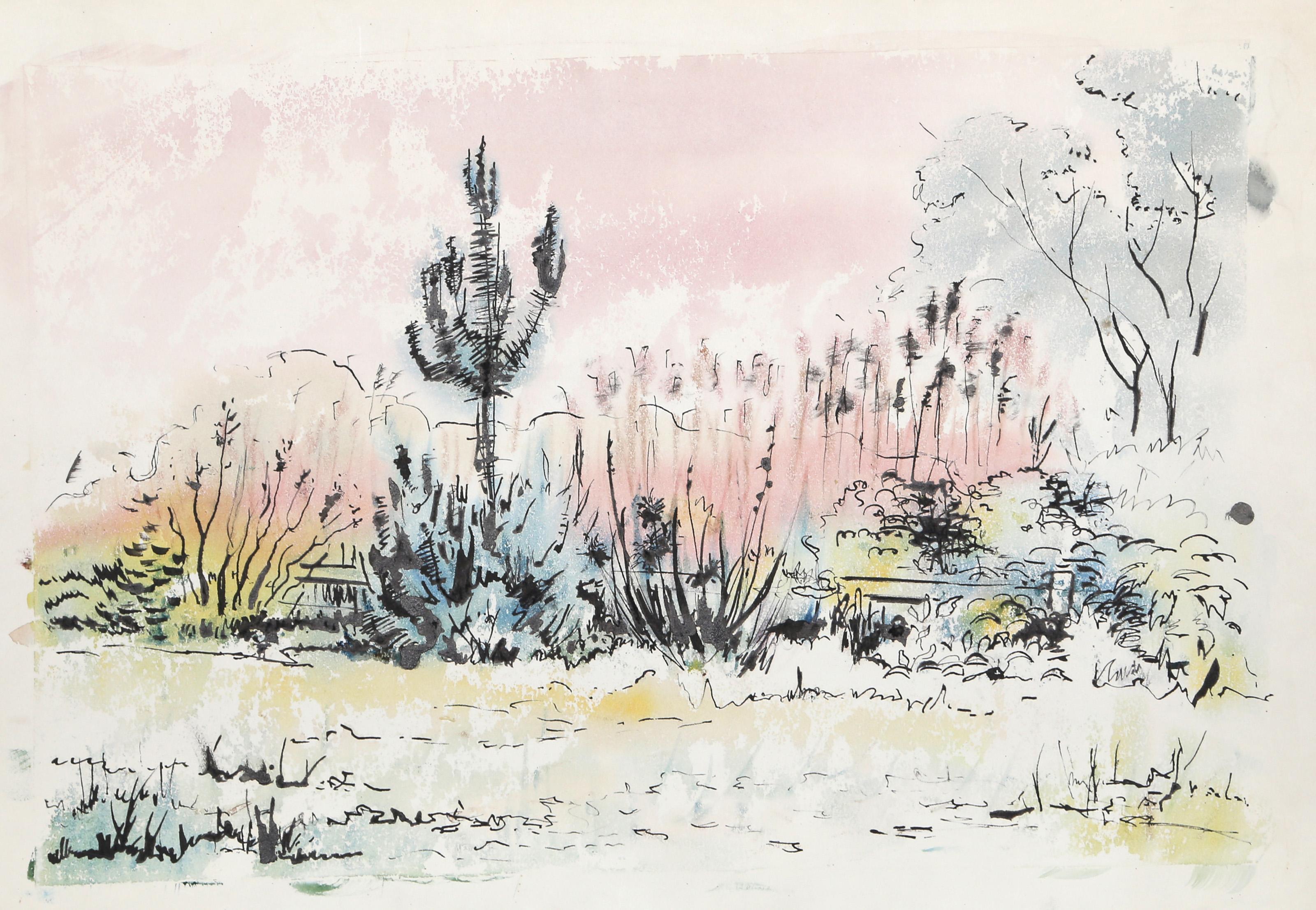  Eve Nethercott, Amerikanerin (1925 - 2015) -  Salzwiesen (P6.29), Jahr:  1959, Medium:  Tinte und Aquarell auf Papier, Größe:  13  x 18 in. (33.02  x 45,72 cm), Beschreibung:  Eve Nethercotts Vision eines Salzwassersumpfes ist mit dunklen Umrissen