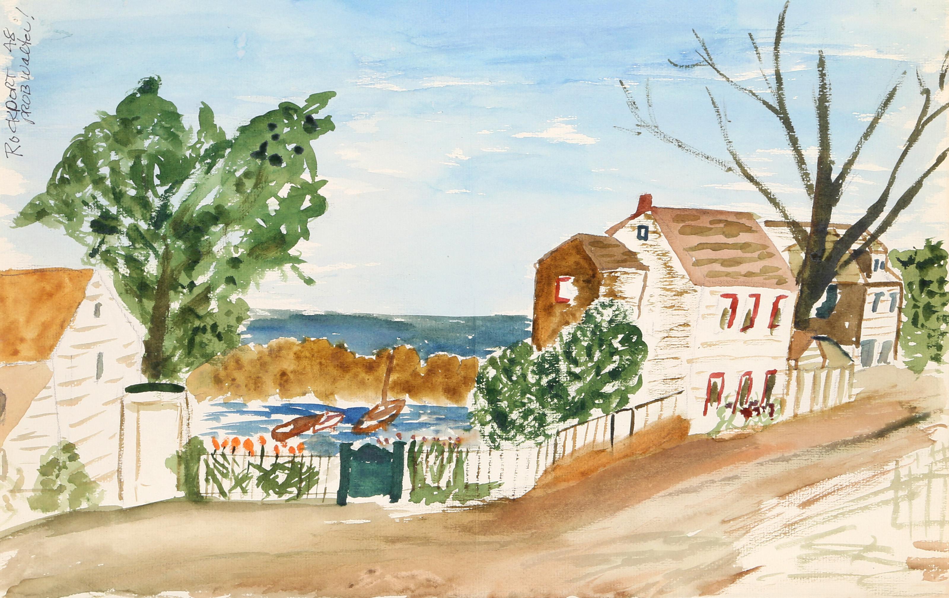  Eve Nethercott, estadounidense (1925 - 2015) -  Rockport (P6.38), Año:  1948, Medio:  Acuarela sobre papel, Tamaño:  12  x 18 in. (30.48  x 45,72 cm), Descripción:  El retrato que hace Eve Nethercott de las casas de tablillas blancas de la zona