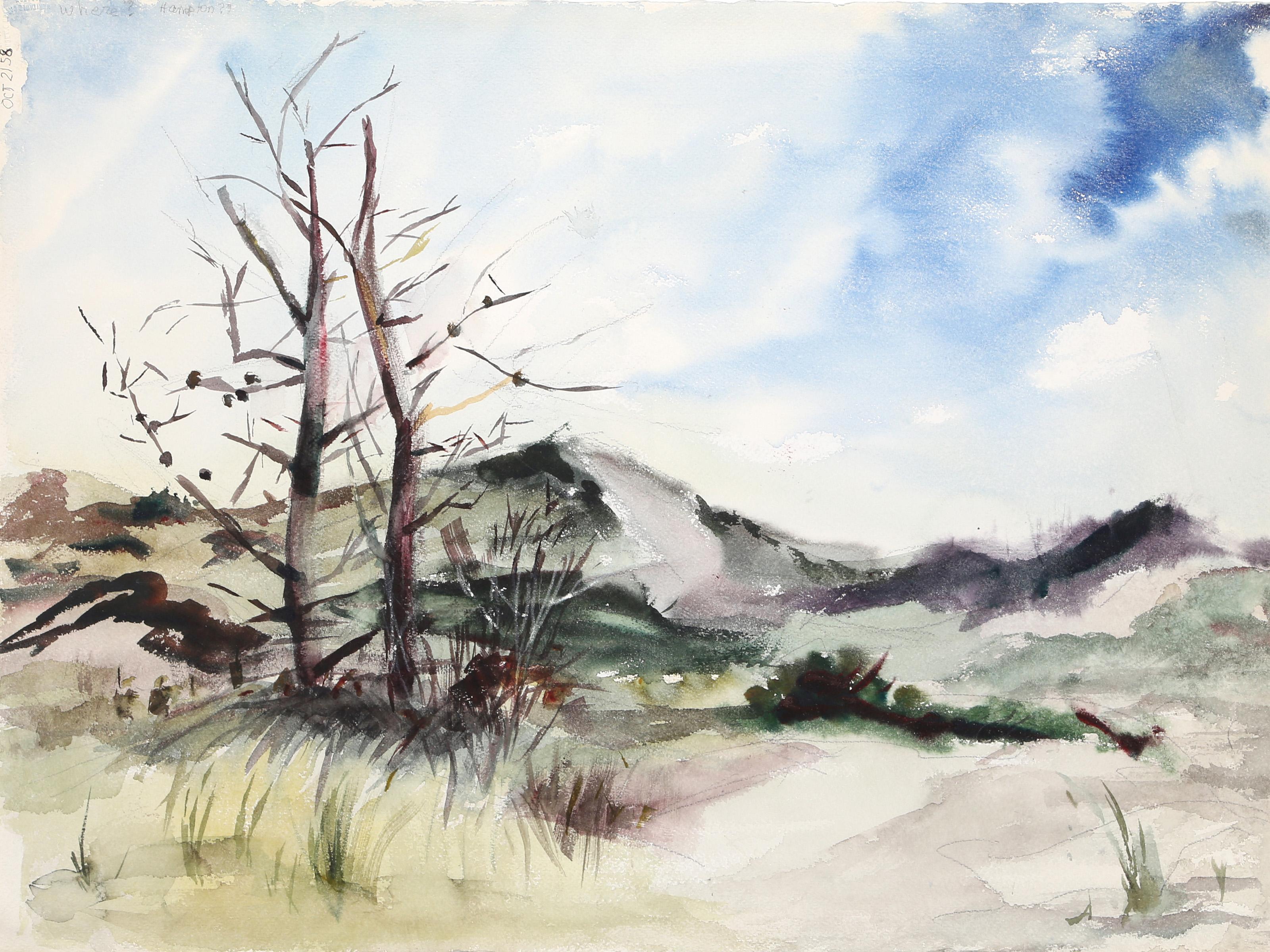  Eve Nethercott, Amerikanerin (1925 - 2015) -  Hamptons (P6.22), Jahr:  1958, Medium:  Aquarell auf Papier, Größe:  22  x 29 in. (55.88  x 73,66 cm), Beschreibung:  Während weiße Wolken durch den tiefblauen Himmel ziehen, wird Eve Nethercotts