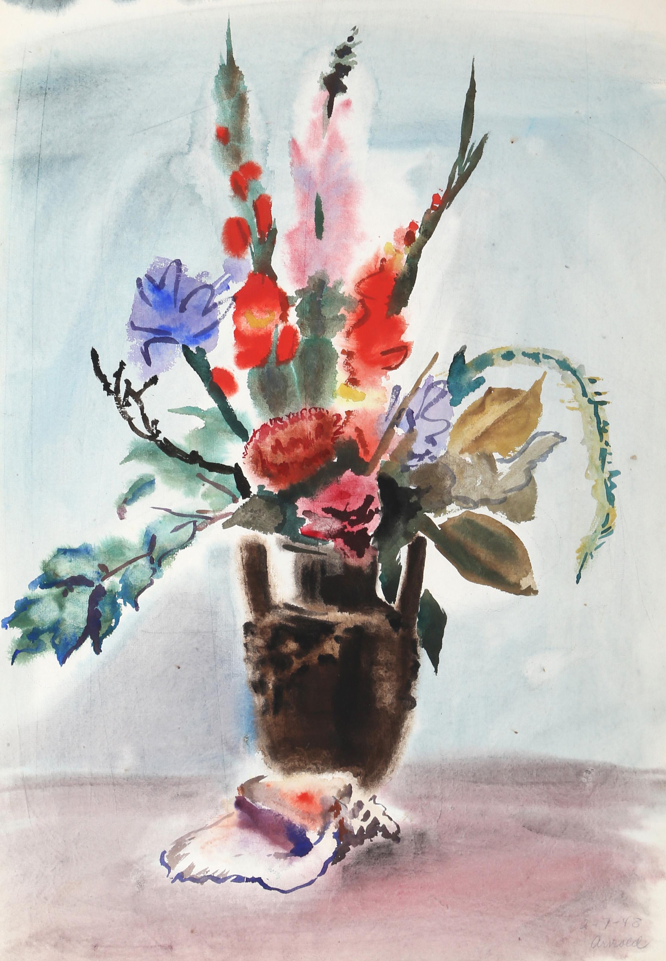  Eve Nethercott, estadounidense (1925 - 2015) -  Flores (P6,47), Año:  1948, Medio:  Acuarela sobre papel, Tamaño:  22  x 15 pulg. (55,88  x 38,1 cm), Descripción:  Compuesto por varias flores y plantas, el arreglo floral de esta acuarela de Eve