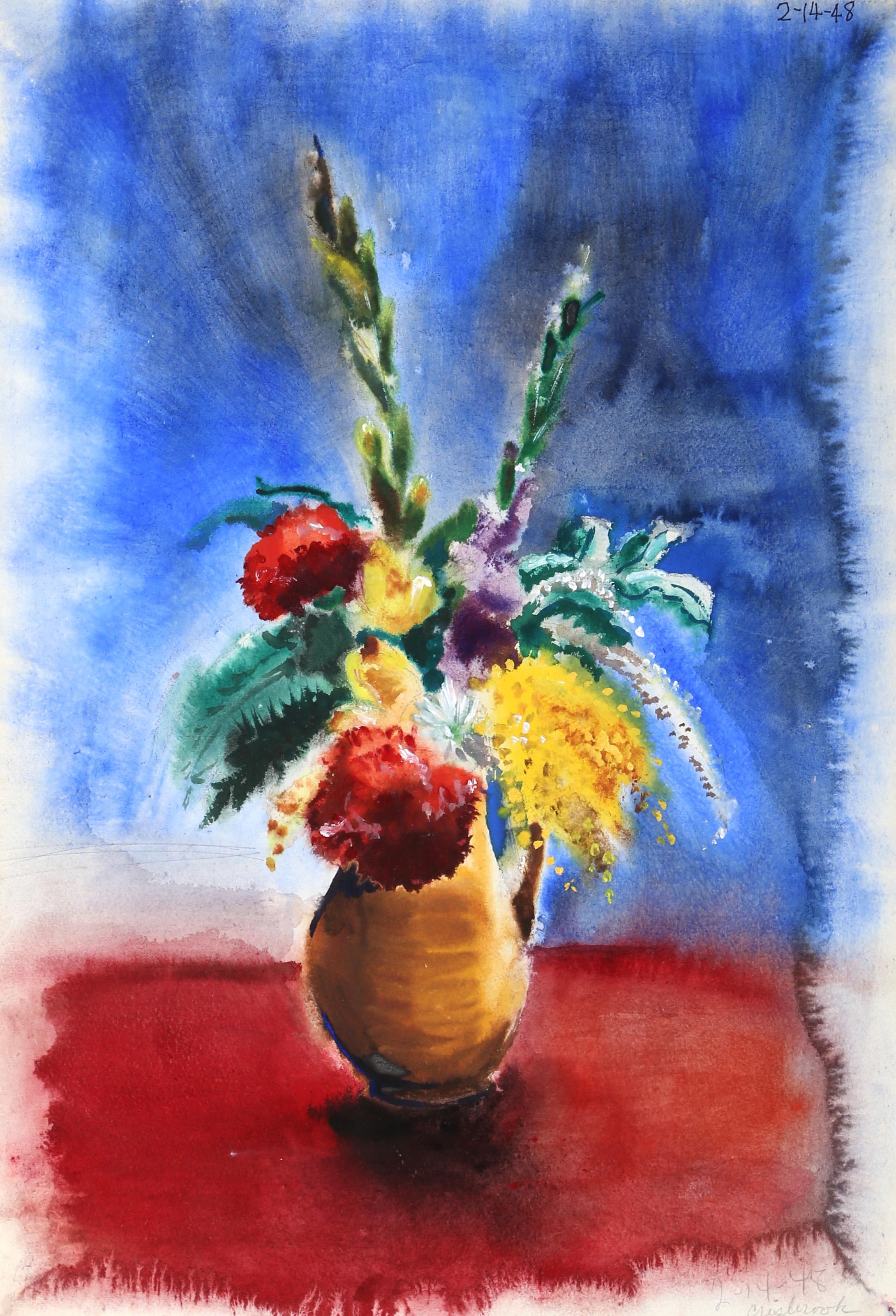  Eve Nethercott, Amerikanerin (1925 - 2015) -  Blumen (P6.48), Jahr:  1948, Medium:  Aquarell auf Papier, Größe:  22  x 15 in. (55.88  x 38,1 cm), Beschreibung:  Das gelbe Blumenarrangement steht auf einer tiefroten Fläche mit königsblauem
