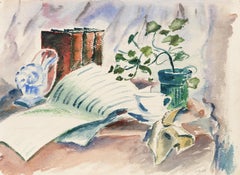 Nature morte avec livres, aquarelle impressionniste par Eve Nethercott
