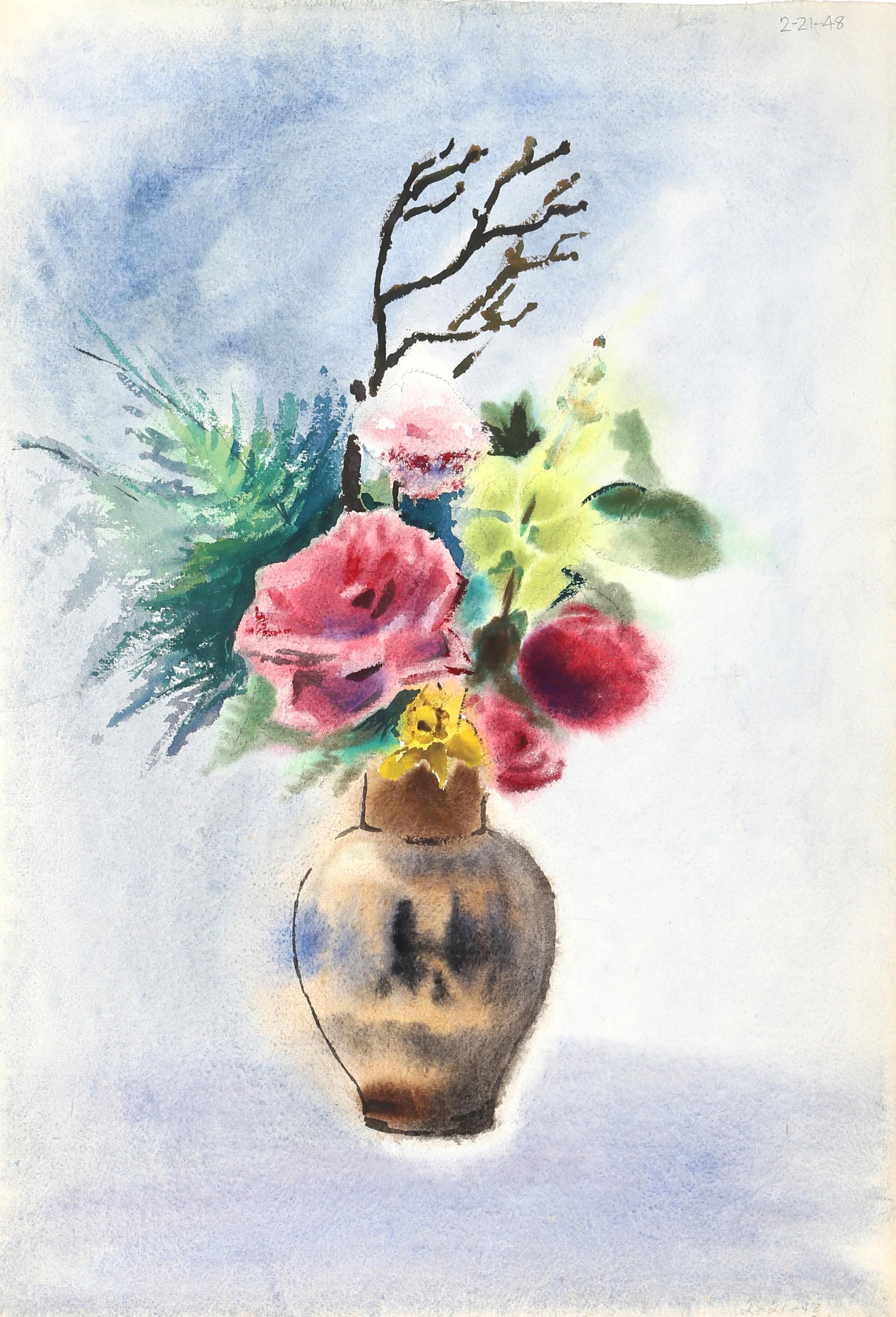  Eve Nethercott, estadounidense (1925 - 2015) -  Flores (P6,49), Año:  1948, Medio:  Acuarela sobre papel, Tamaño:  22  x 15 pulg. (55,88  x 38,1 cm), Descripción:  Sobre un fondo lavado de azul suave y apagado, el floreciente arreglo floral de esta