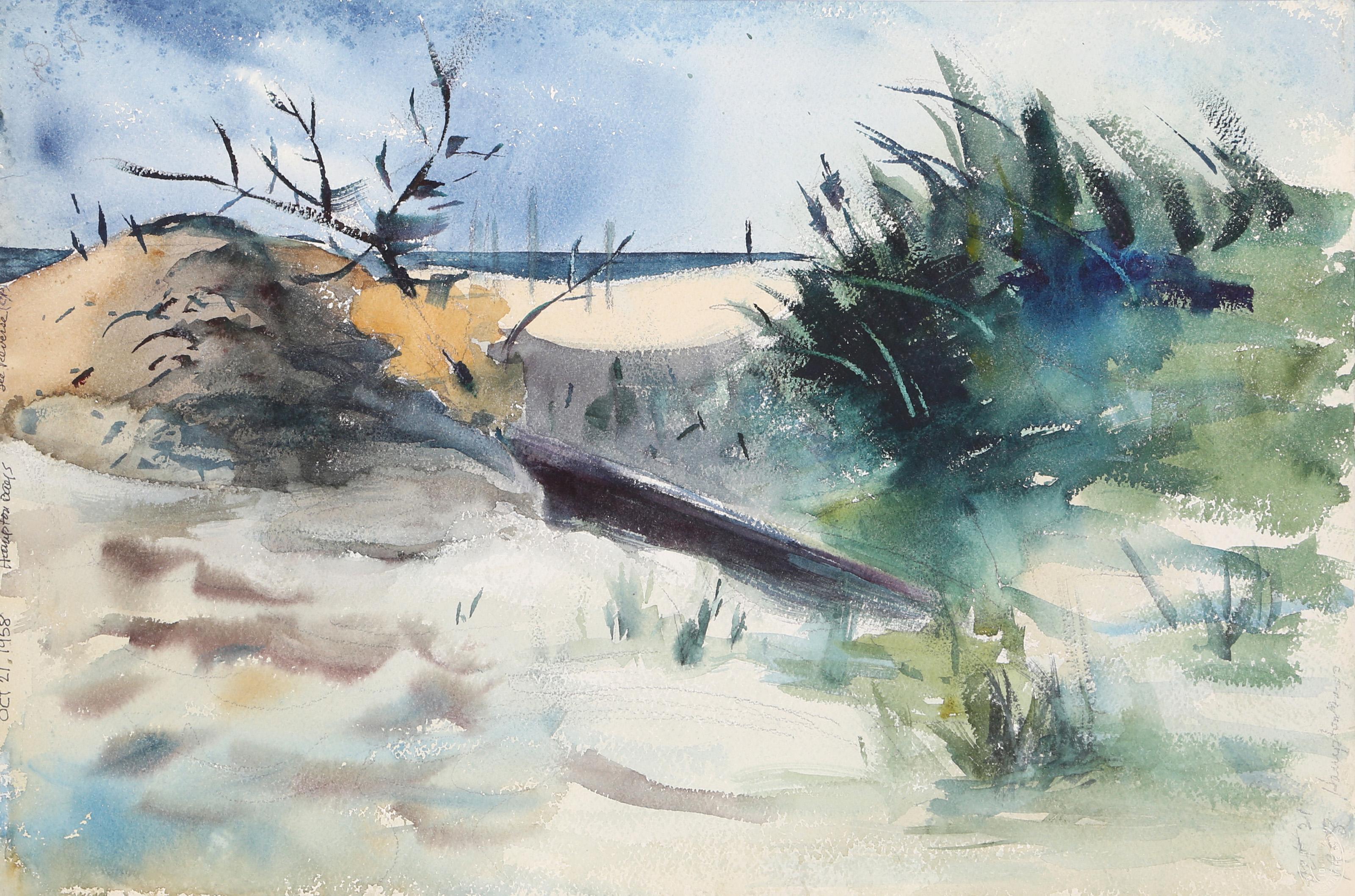  Eve Nethercott, Amerikanerin (1925 - 2015) -  Hampton Bays (P6.63), Jahr:  1958, Medium:  Aquarell auf Papier, Größe:  22  x 15 in. (55.88  x 38,1 cm), Beschreibung:  Die Sanddünen, die fast drei Viertel des Bildes einnehmen, sind mit Strandhafer