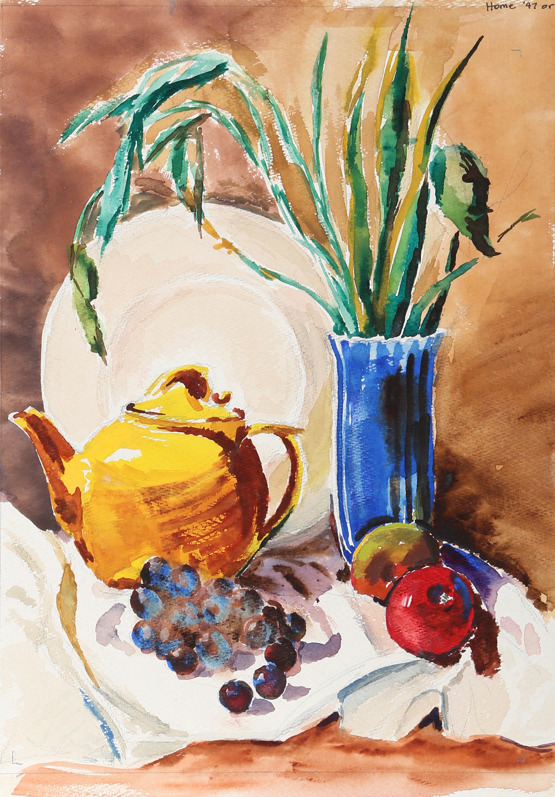  Eve Nethercott, Amerikanerin (1925 - 2015) -  Stilleben mit Teekanne (P6.43), Jahr:  1947, Medium:  Aquarell auf Papier, Größe:  16  x 12 in. (40.64  x 30,48 cm), Beschreibung:  Auf einem weißen Tuch vor einer rostfarbenen Wand arrangiert, beleben
