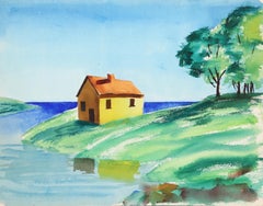 Gelbes Haus, impressionistisches Aquarell von Eve Nethercott