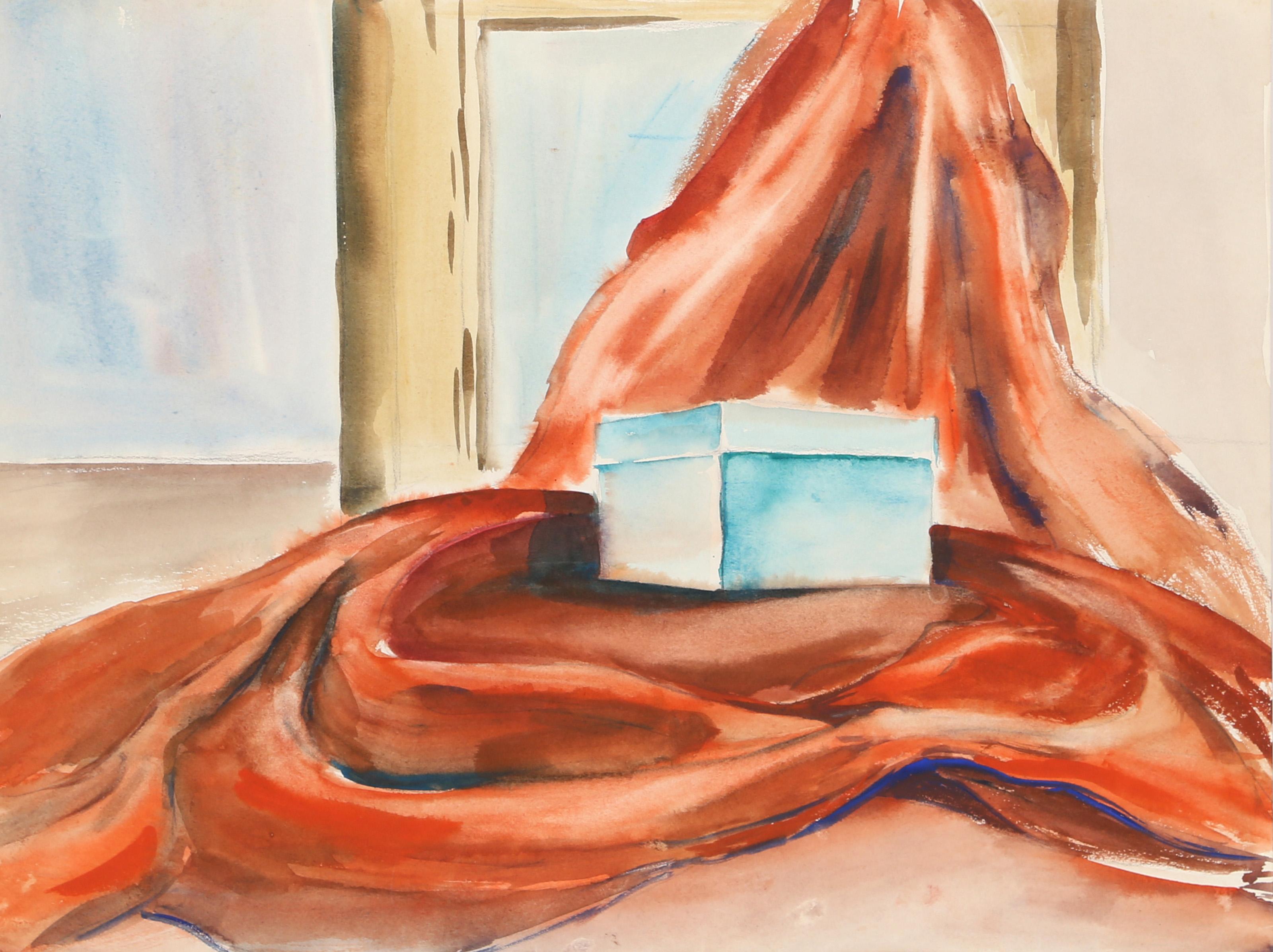  Eve Nethercott, Amerikanerin (1925 - 2015) -  Stilleben mit Drapierung und Schachtel (P6.58), Jahr:  1952, Medium:  Aquarell auf Papier, Größe:  15  x 19 in. (38.1  x 48,26 cm), Beschreibung:  In diesem faszinierenden Aquarell von Eve Nethercott