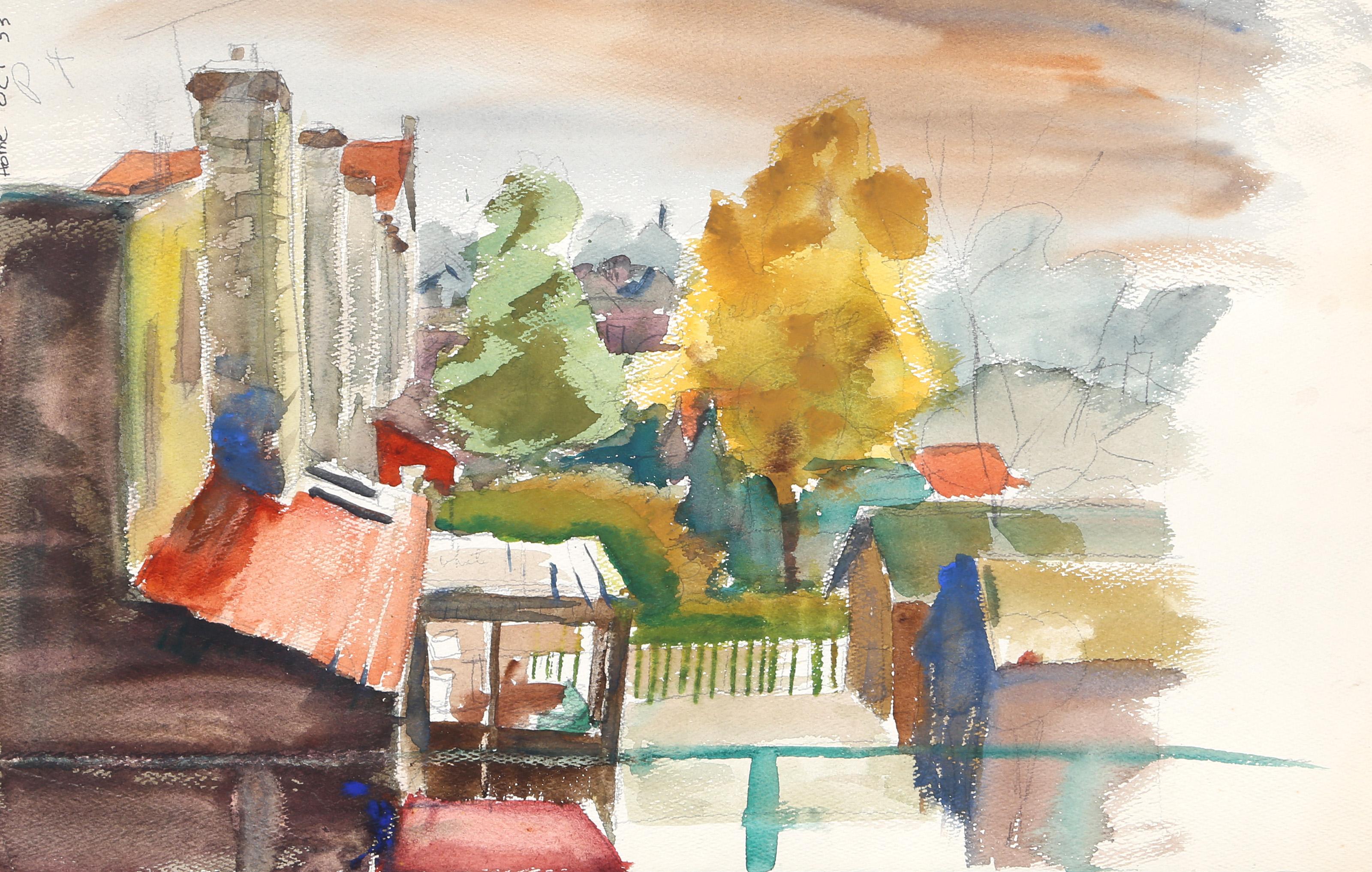 Eve Nethercott, estadounidense (1925 - 2015) -  Vista al balcón (P6,60), Año:  1953, Medio:  Acuarela sobre papel, Tamaño:  13  x 17 in. (33.02  x 43,18 cm), Descripción:  Mirando por encima de los tejados, la vista de Eve Nethercott de la ciudad