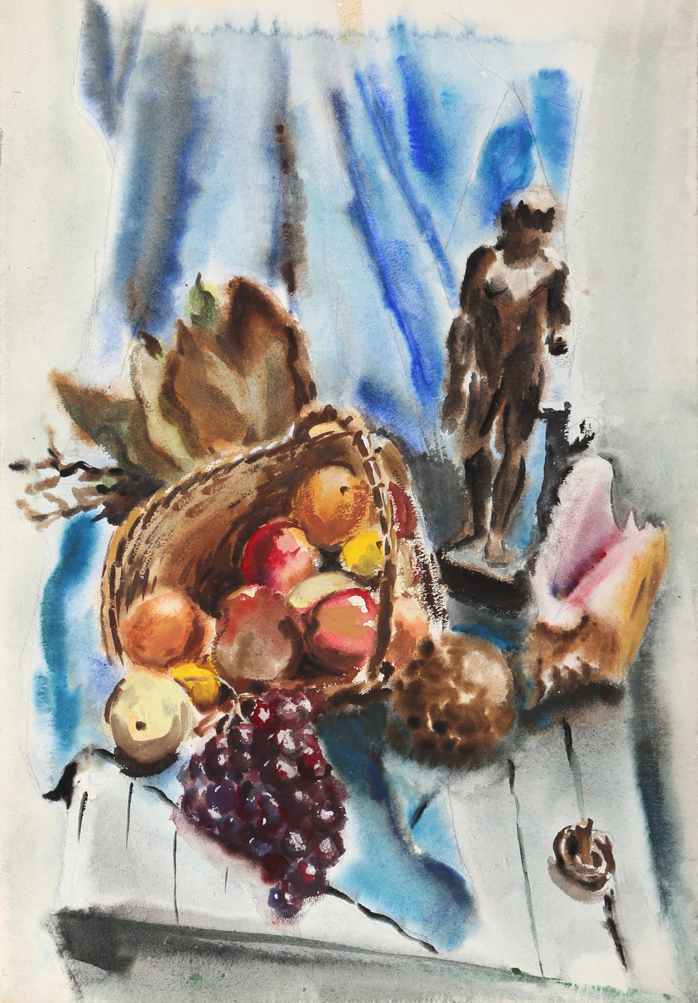  Eve Nethercott, Américaine (1925 - 2015) -  Nature morte avec panier et statue (P6.53), Année :  1948, Medium :  Aquarelle sur papier, Taille :  22  x 15 pouces (55,88  x 38,1 cm), Description :  Disposé sur un tissu bleu, un panier rempli de