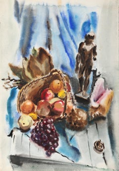 Nature morte avec panier et statue, aquarelle impressionniste d'Eve Nethercott