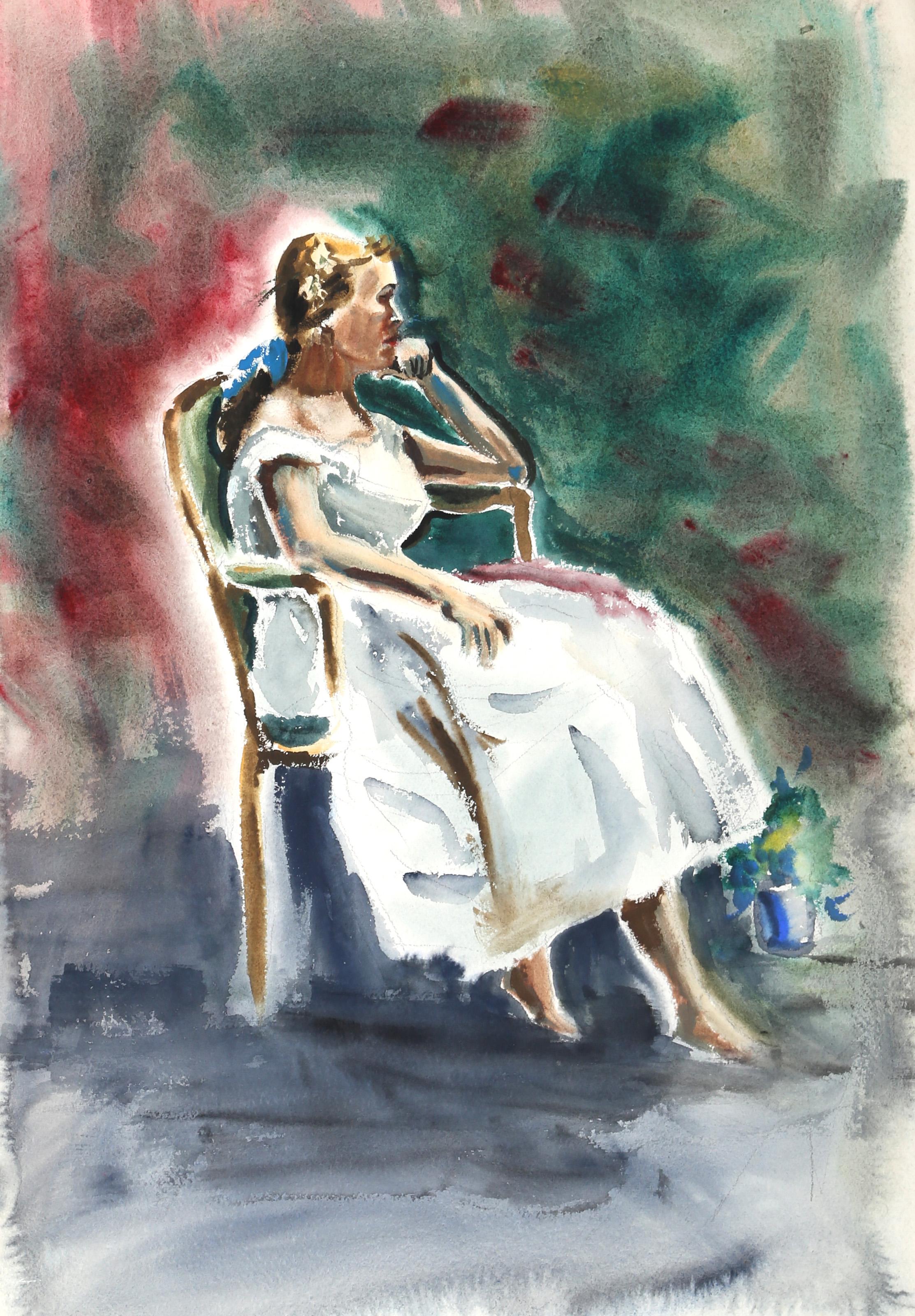 Femme assise en robe blanche, aquarelle impressionniste d'Eve Nethercott