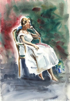 Mujer sentada con vestido blanco, acuarela impresionista de Eve Nethercott