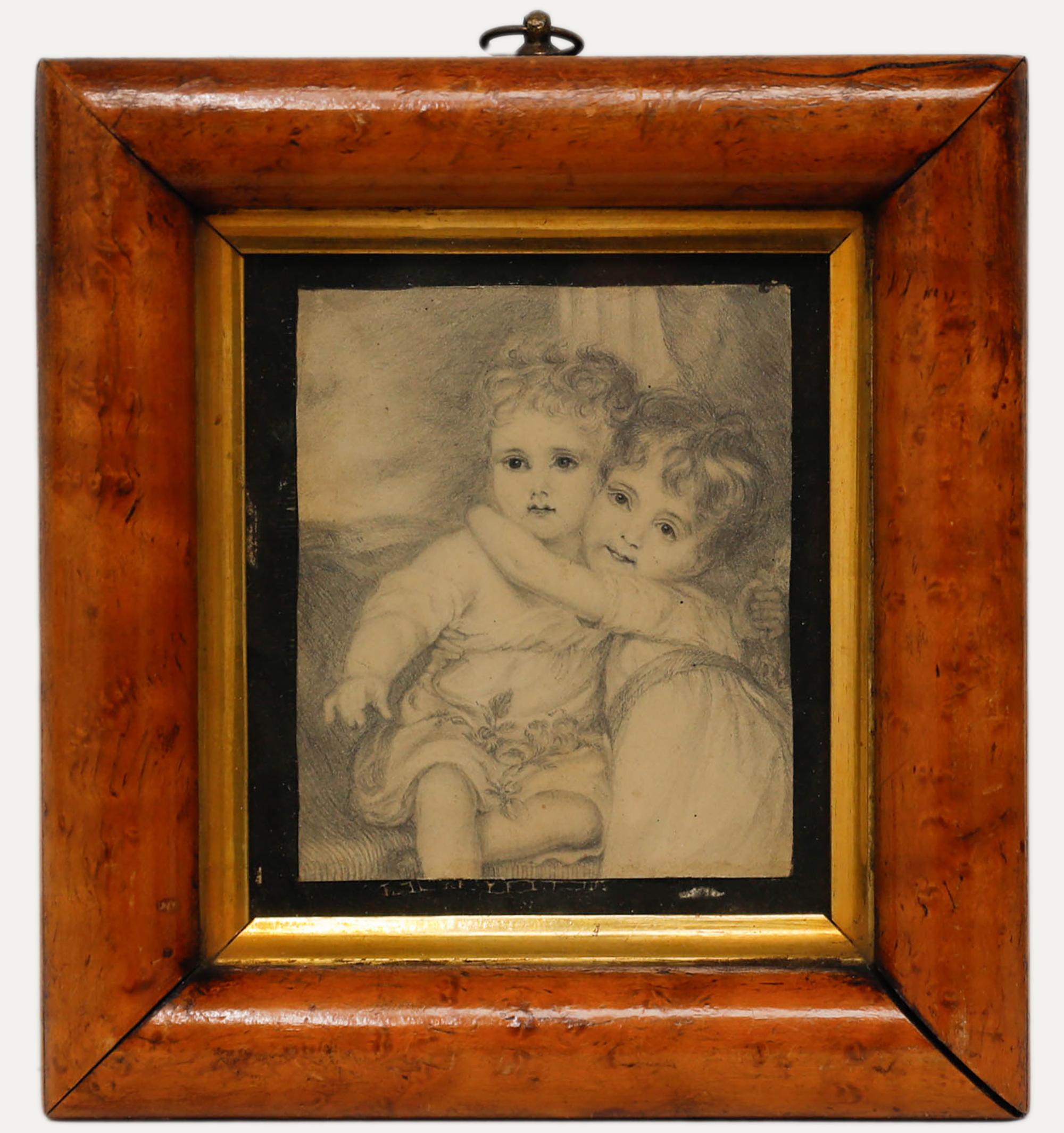 English School Siglo XVIII Dibujo al grafito - Retrato de dos niños