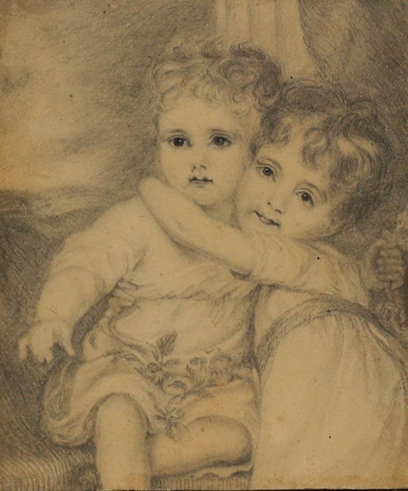 A miniature English School portrait of two children holding a loving embrace. Well presented in a charming bird's-eye maple frame with internal gilt slip and glazing. Unsigned. On paper.