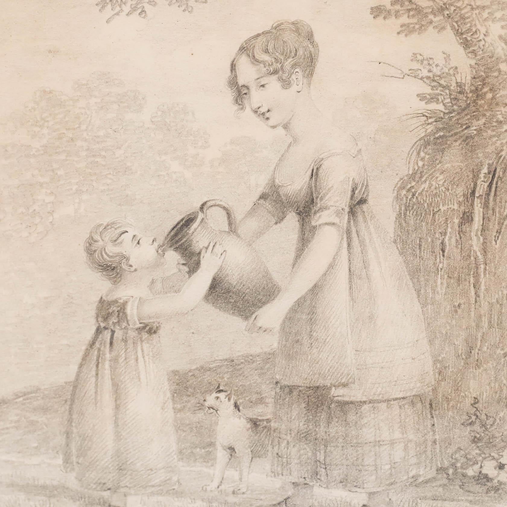 A delightful early 19th century graphite piece depicting a mother and child taking a moment to rest and quench their thirst. To the little girl's feet is a cat, vying for attention. Unsigned. Well presented in a marquetry frame with a diamond