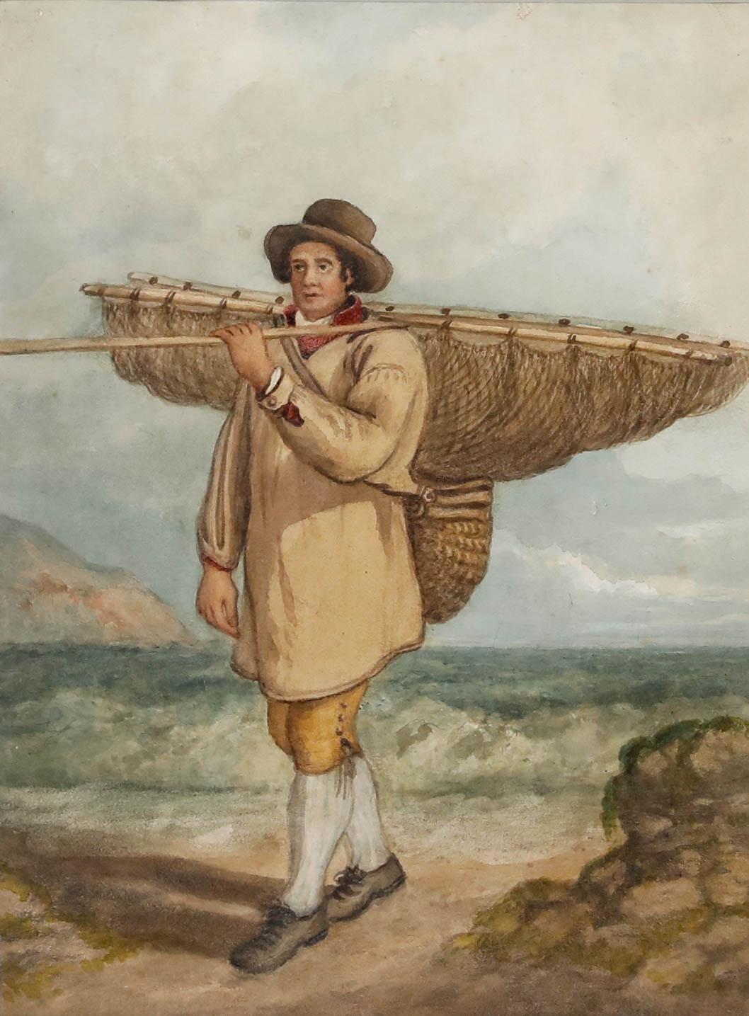 Acuarela del siglo XIX - Cazador de ostras - Art de Unknown