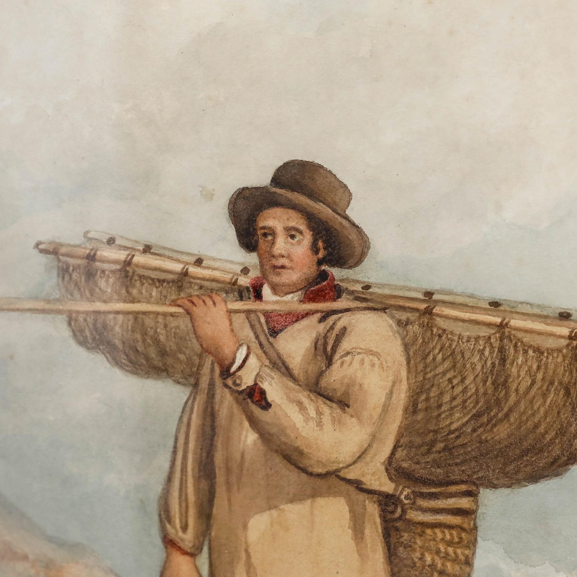 Este cuadro representa a un hombre con atuendo rural tradicional que lleva una gran cesta tejida de ostras desde la orilla del mar. El artista capta los encantadores detalles de la ropa de trabajo del hombre, incluidas sus medias a rayas y su blusón