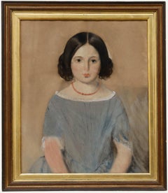Framed Mid 19th Century Pastel - Girl in Blue Dress