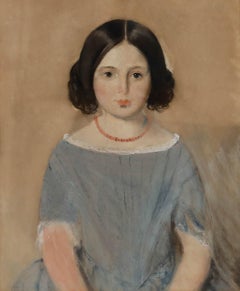 Pastel encadré du milieu du 19e siècle - Fille en robe bleue