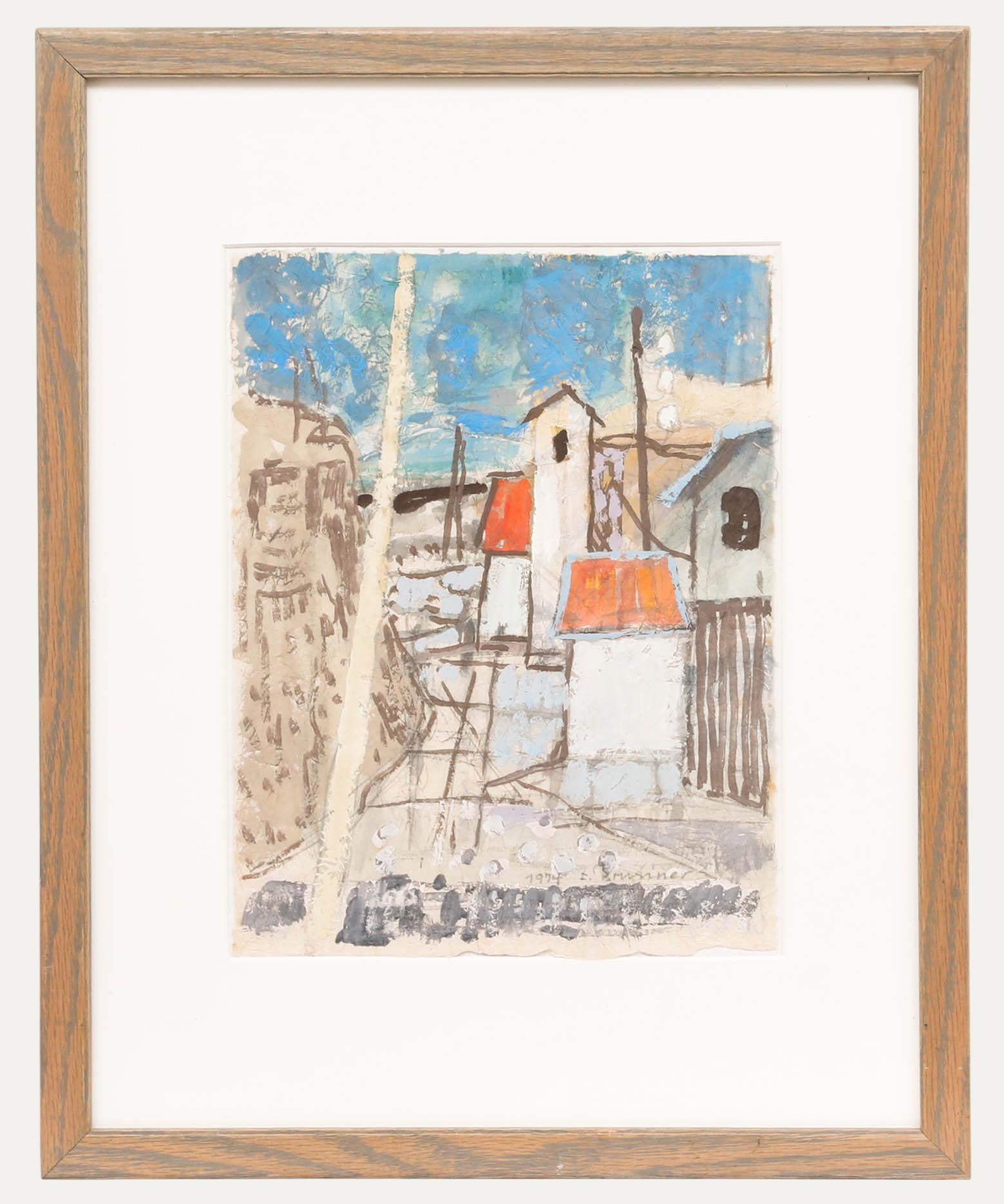 Fritz Brunner (1908-1996) - Gerahmte Gouache-Gemälde von 1974, Urban Street Scene